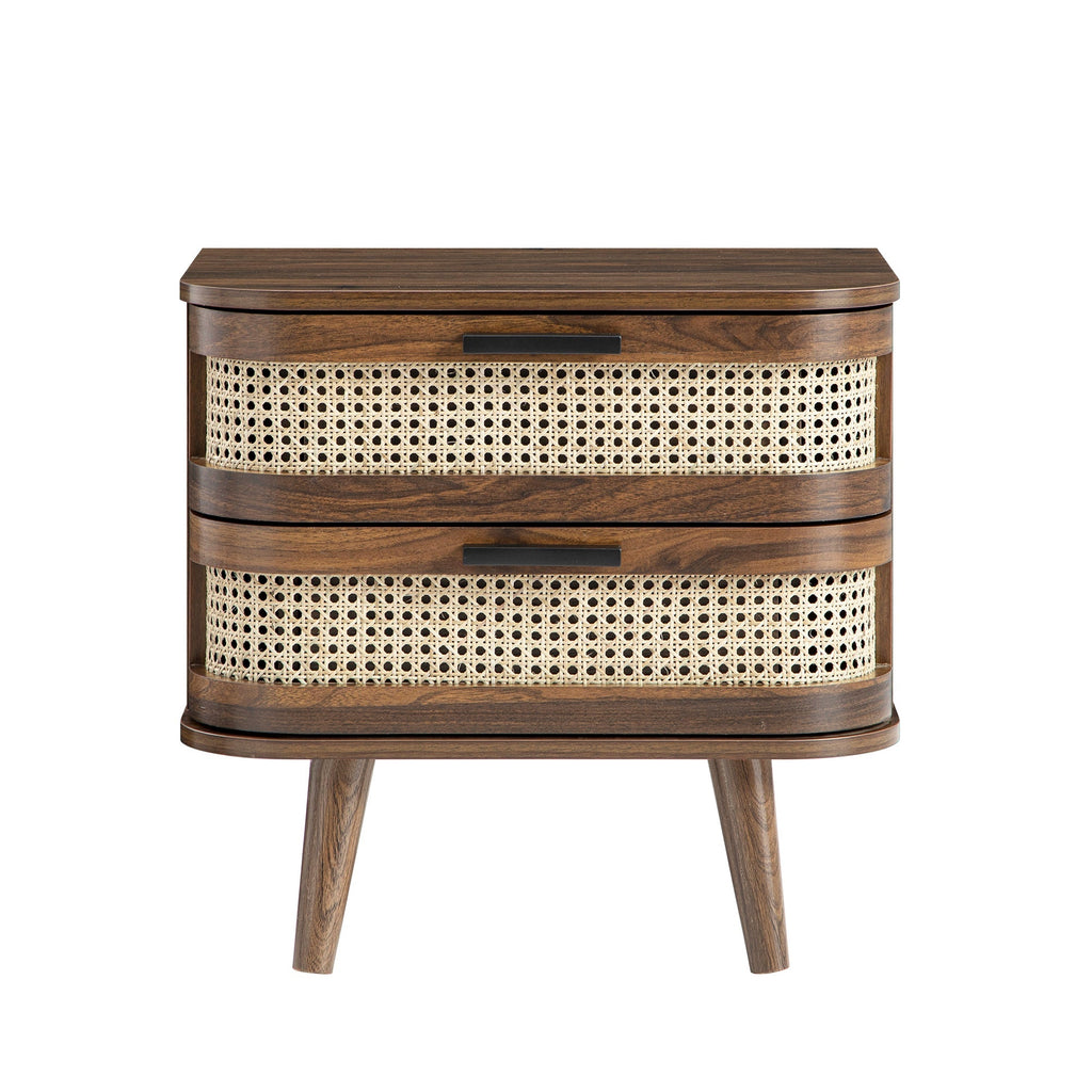 Izzy Curved Rattan 2-Drawer Nightstand, Walnut