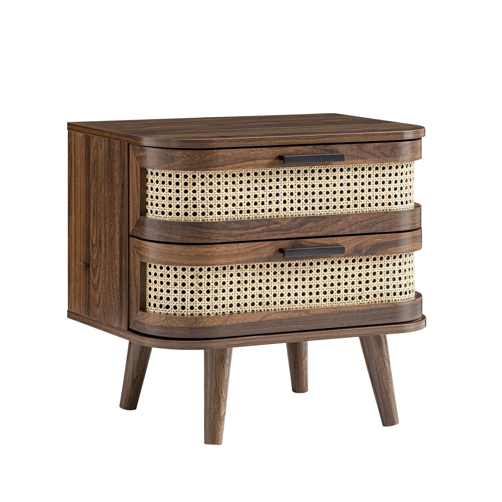 Izzy Curved Rattan 2-Drawer Nightstand, Walnut