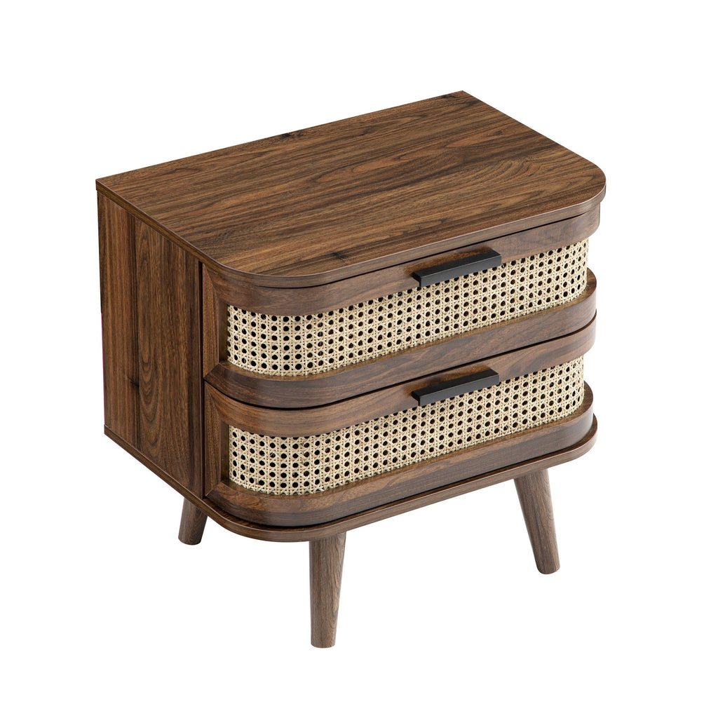 Izzy Curved Rattan 2-Drawer Nightstand, Walnut