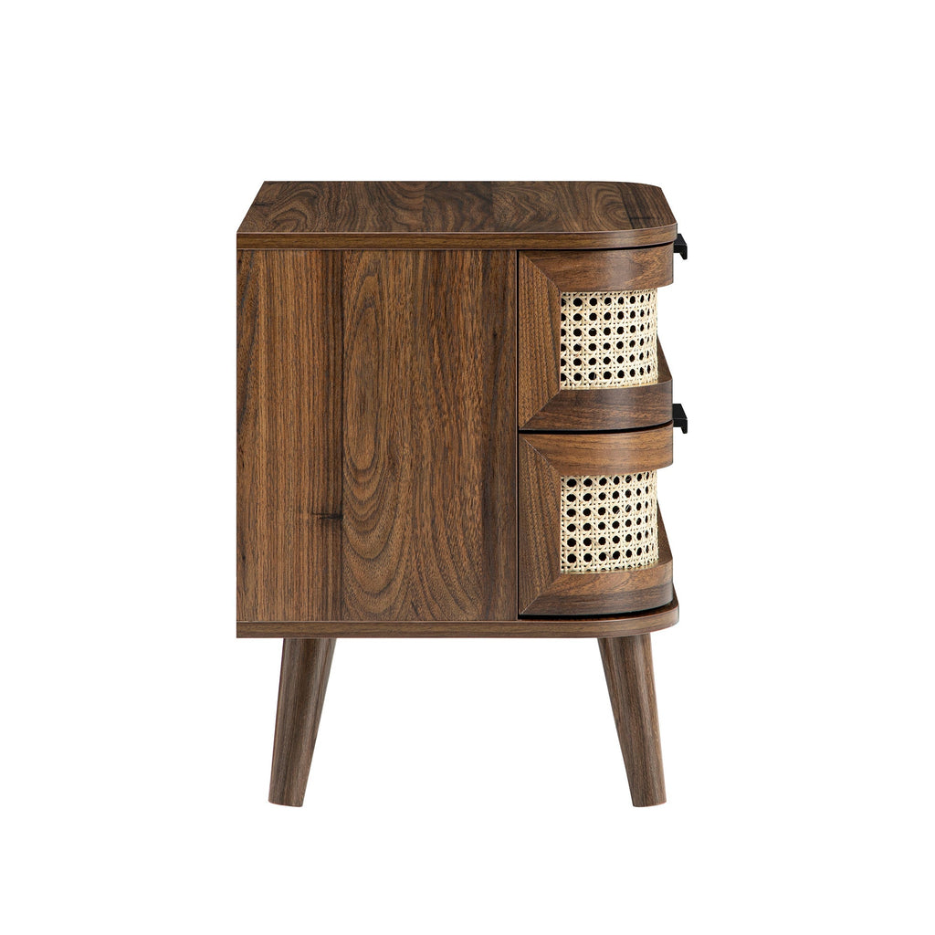 Izzy Curved Rattan 2-Drawer Nightstand, Walnut