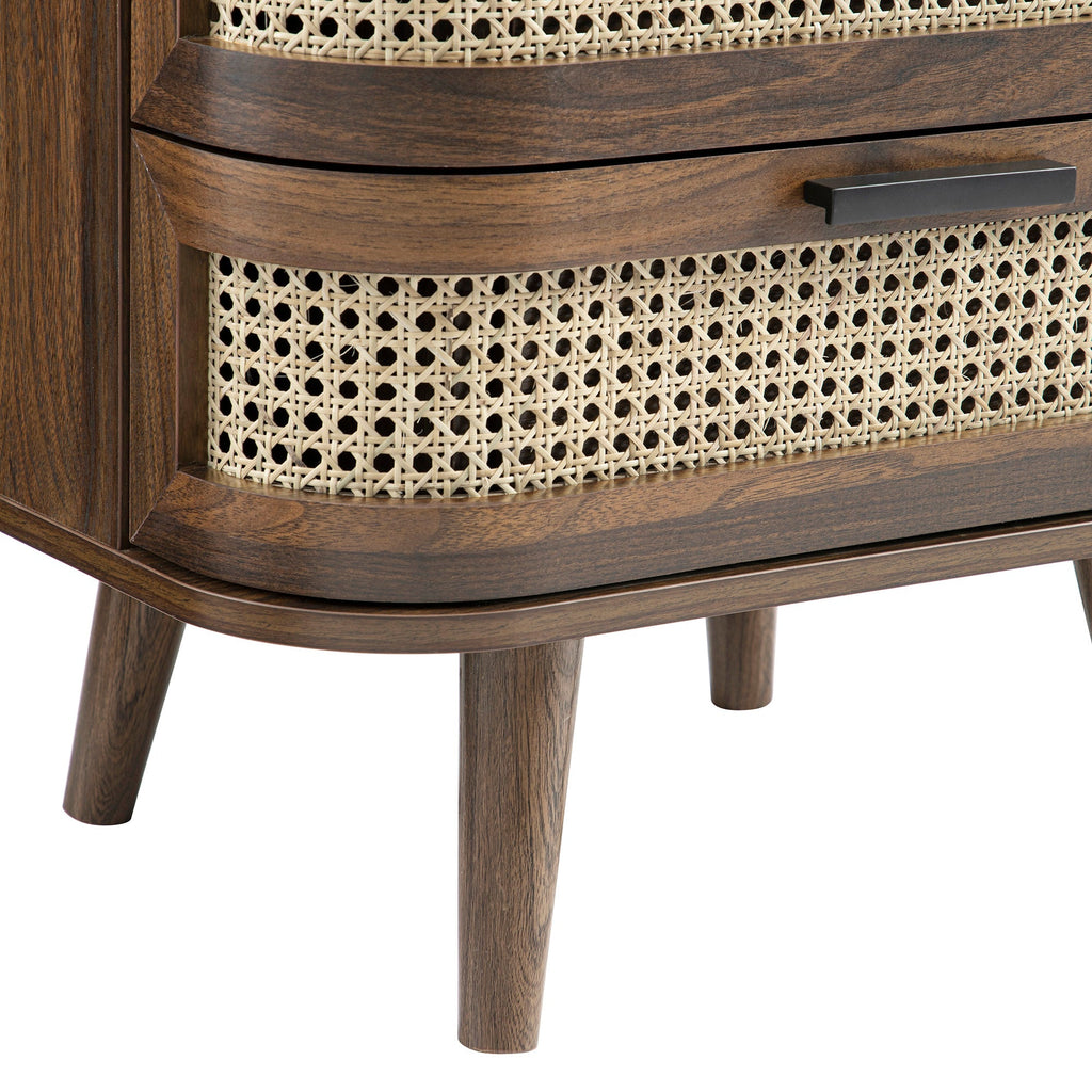 Izzy Curved Rattan 2-Drawer Nightstand, Walnut