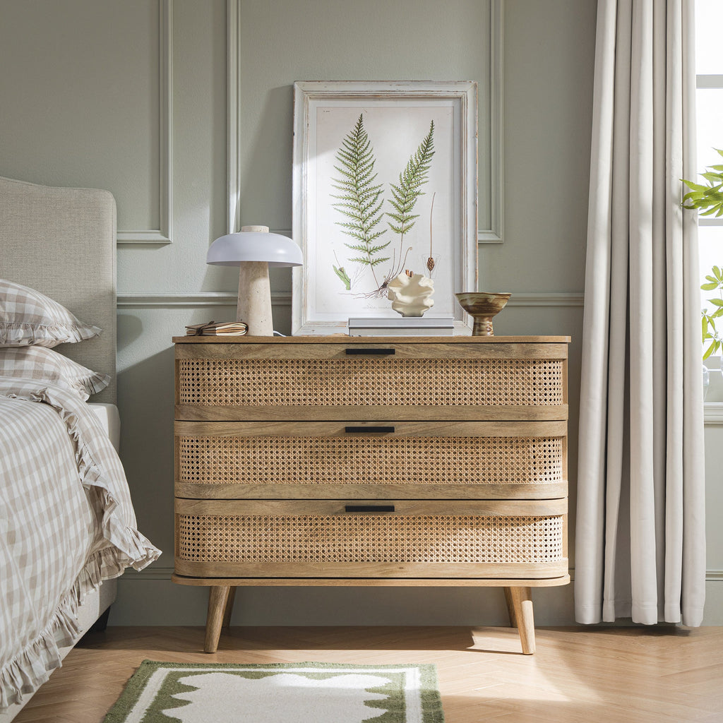 Izzy Curved Rattan 3 Drawer Dresser, Natural