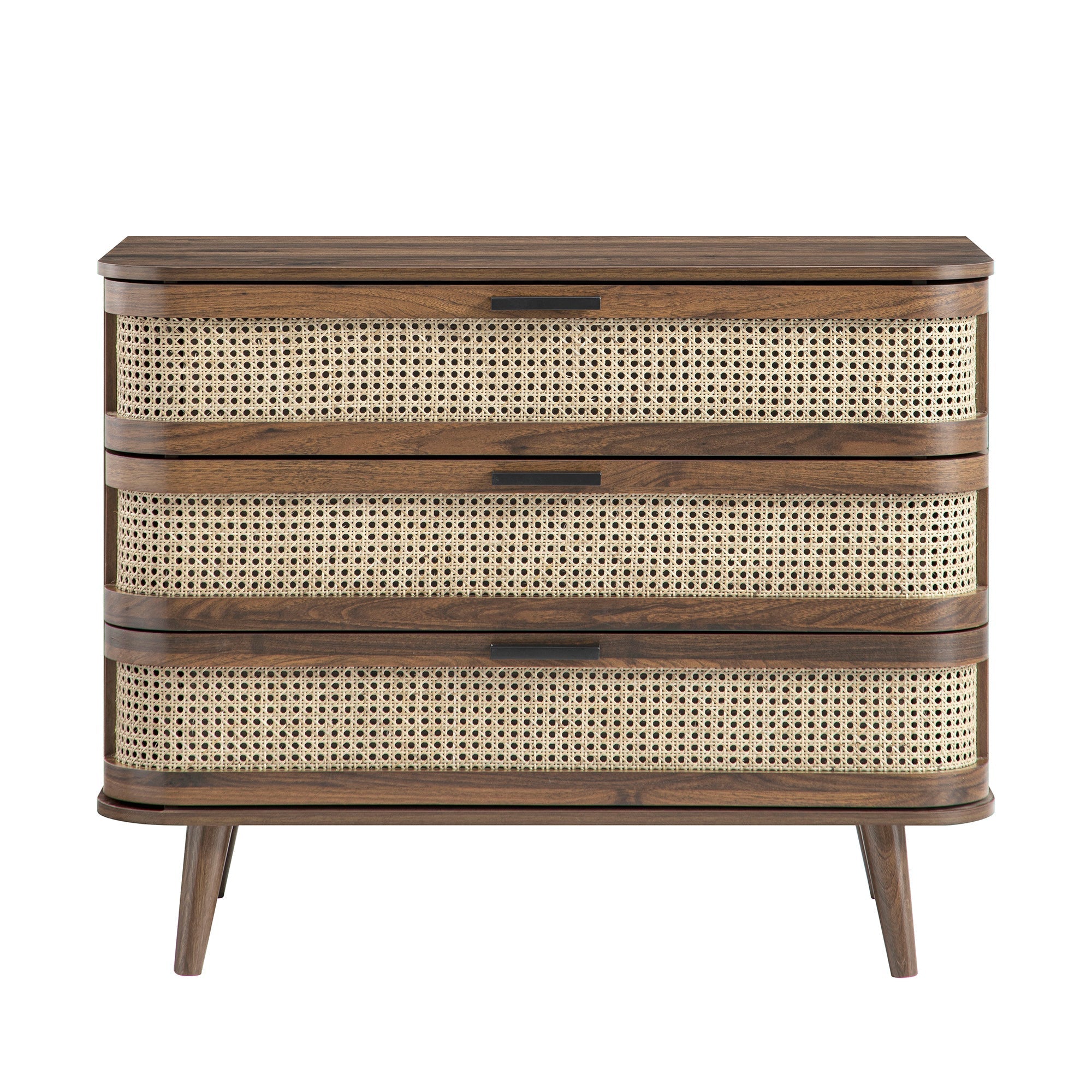 Izzy Curved Rattan 3 Drawer Dresser, Walnut