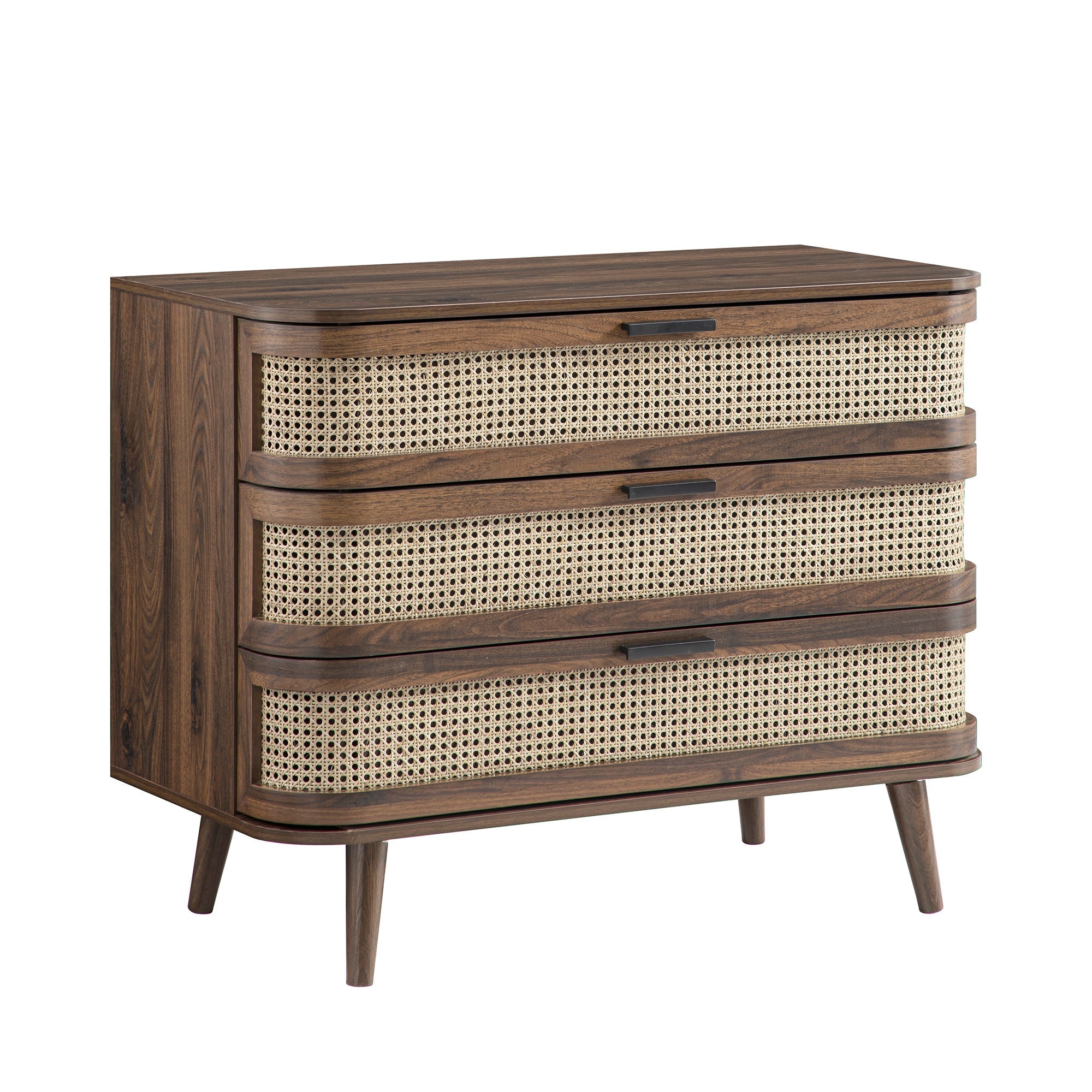 Izzy Curved Rattan 3 Drawer Dresser, Walnut