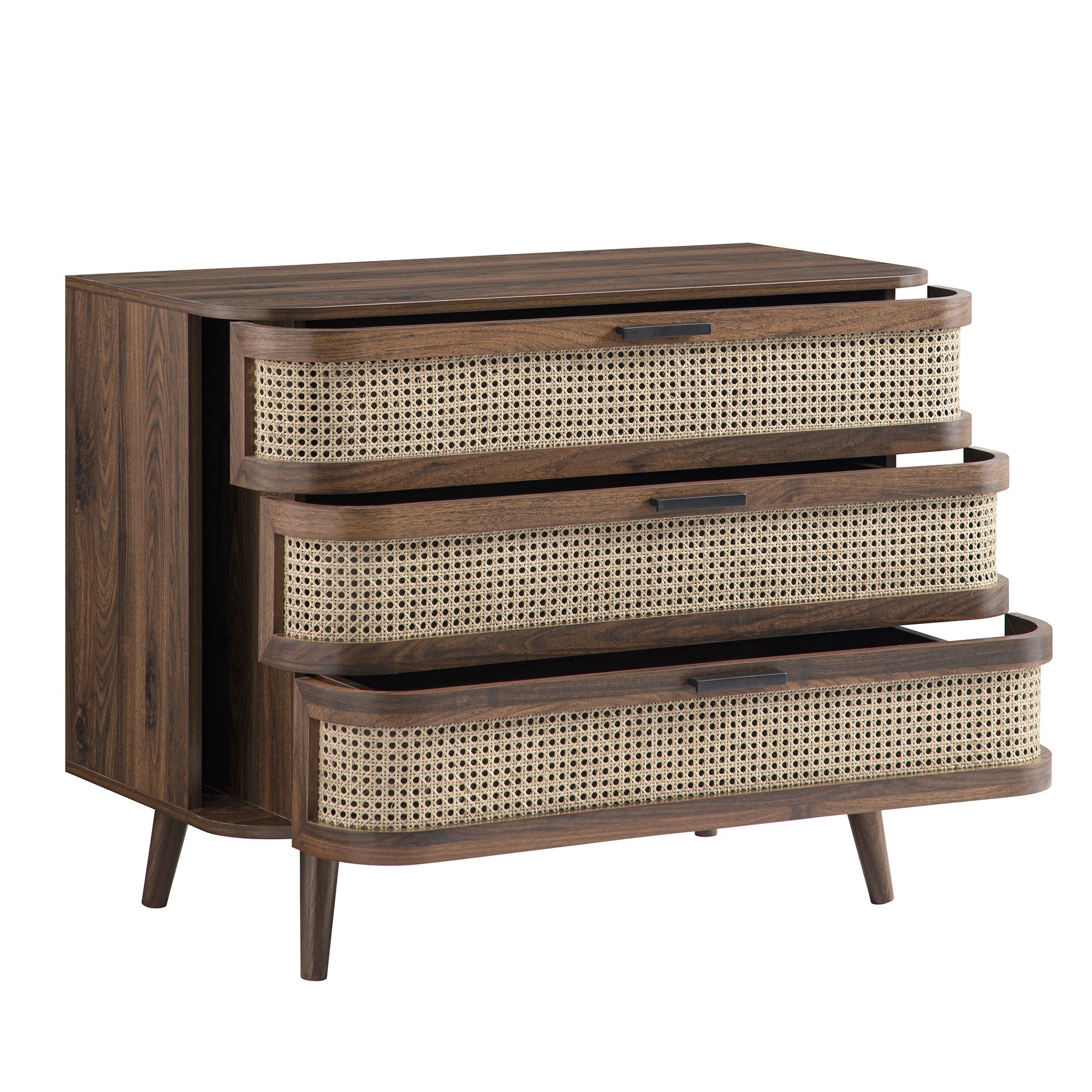 Izzy Curved Rattan 3 Drawer Dresser, Walnut