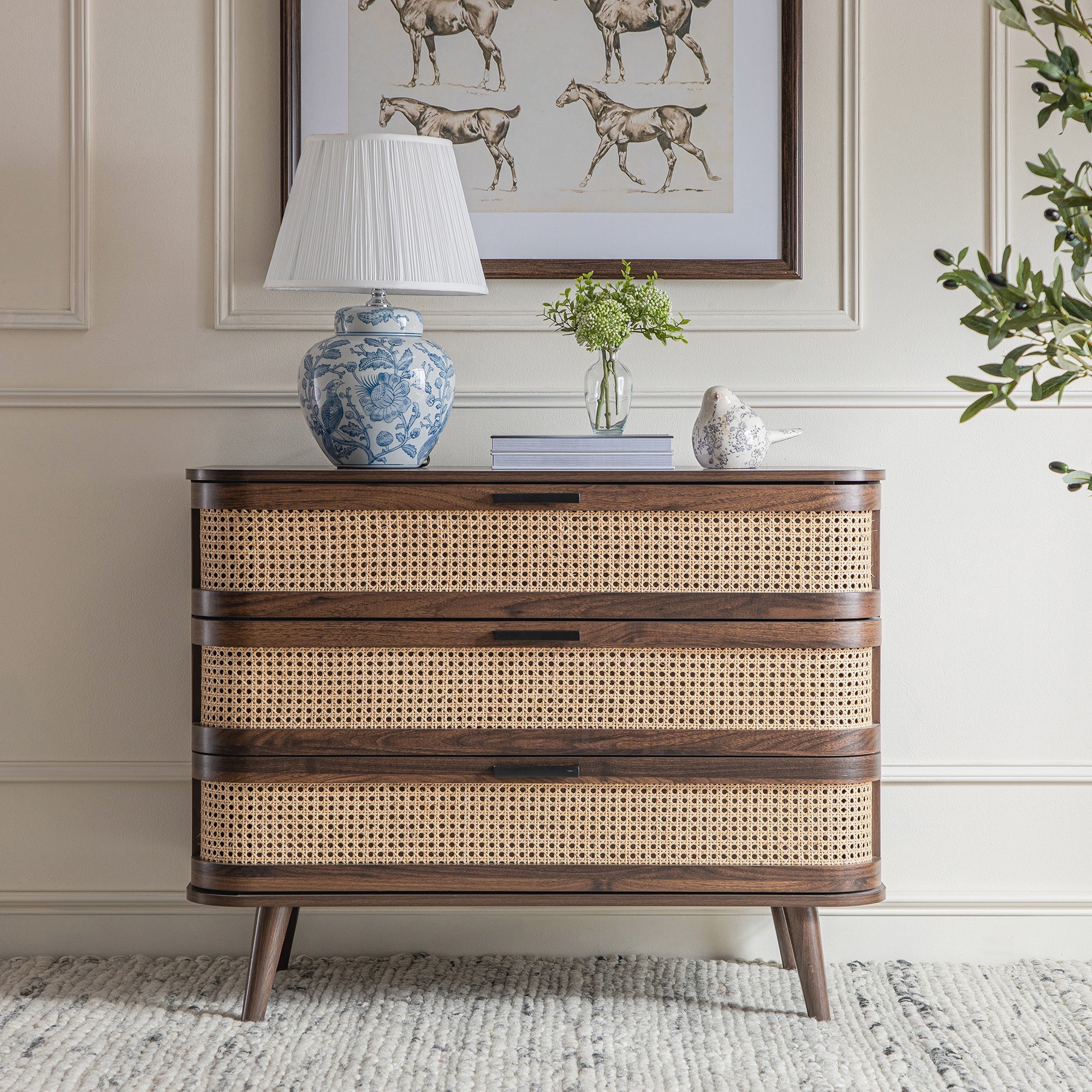 Izzy Curved Rattan 3 Drawer Dresser, Walnut
