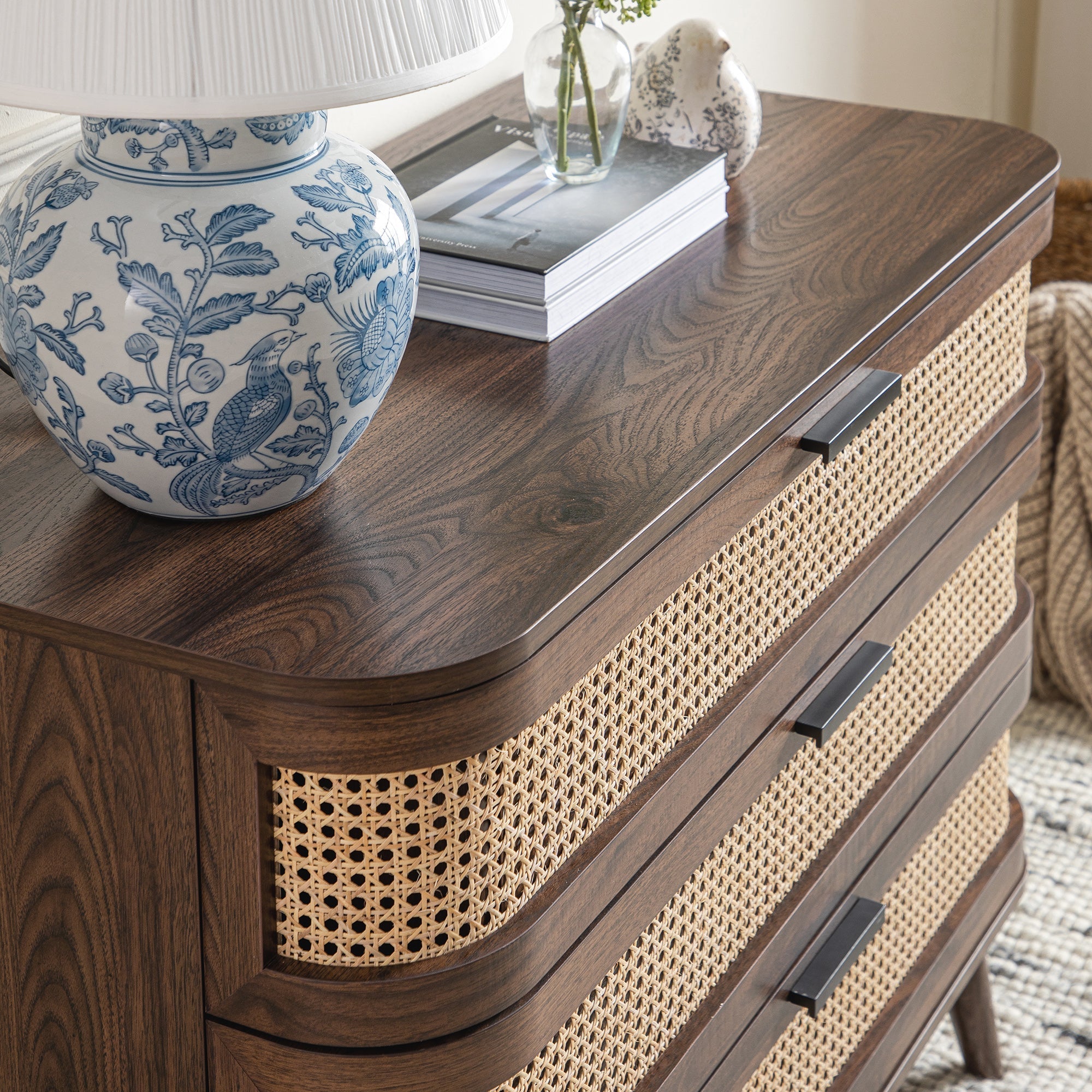 Izzy Curved Rattan 3 Drawer Dresser, Walnut