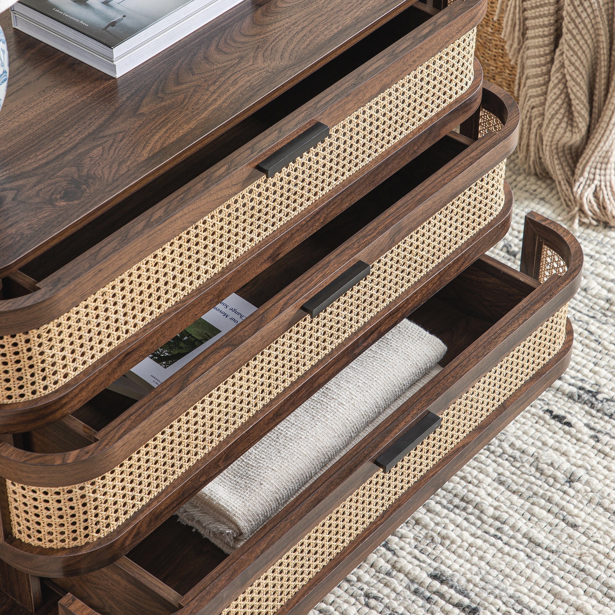 Izzy Curved Rattan 3 Drawer Dresser, Walnut