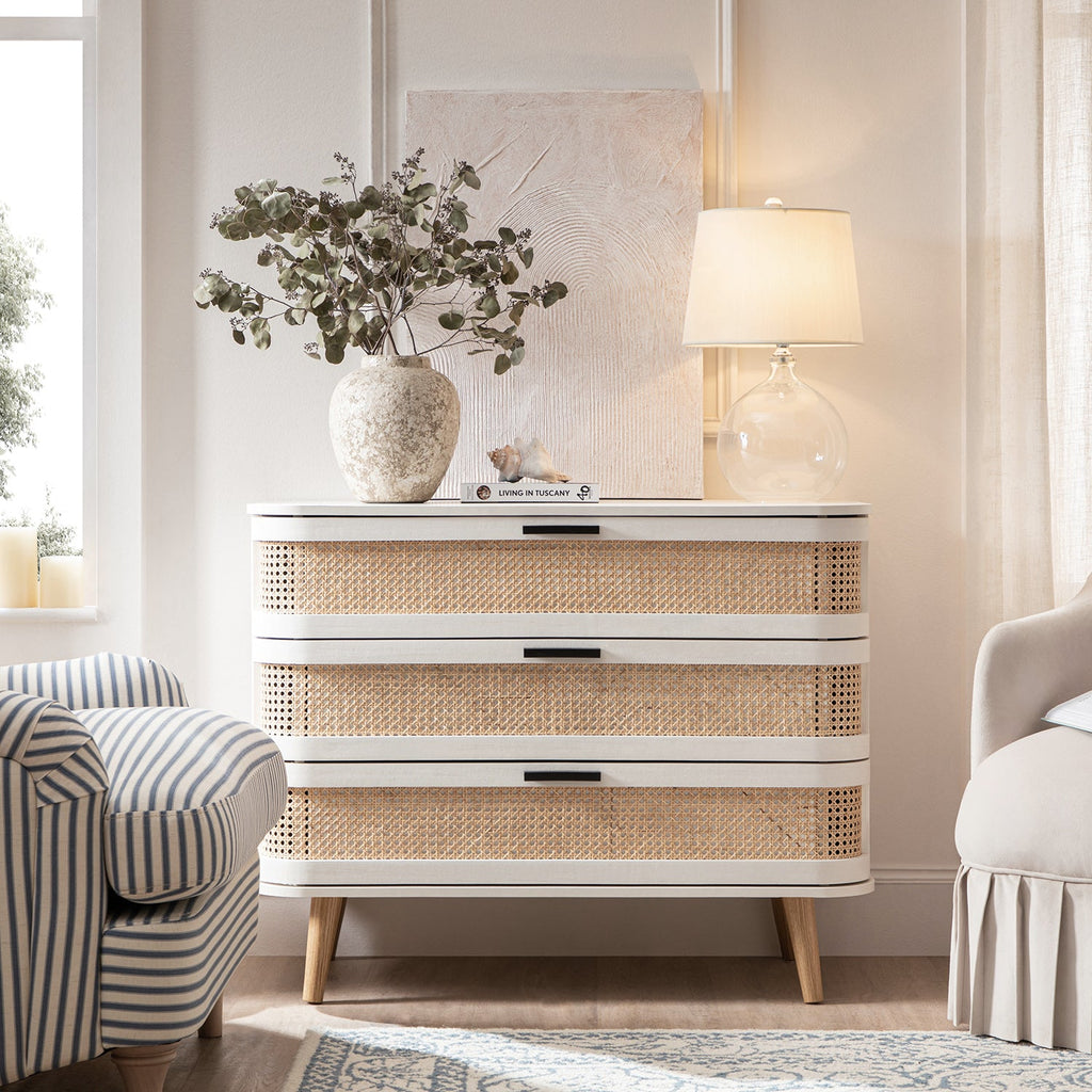 Izzy Curved Rattan 3 Drawer Dresser, White
