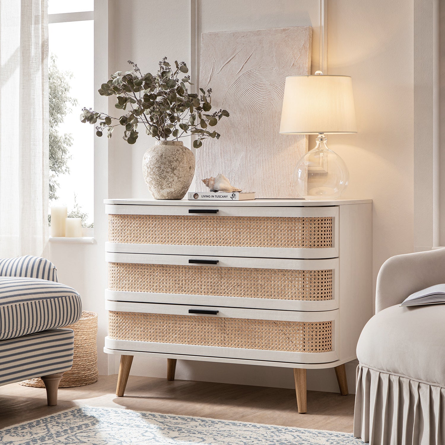 Izzy Curved Rattan 3 Drawer Dresser, White