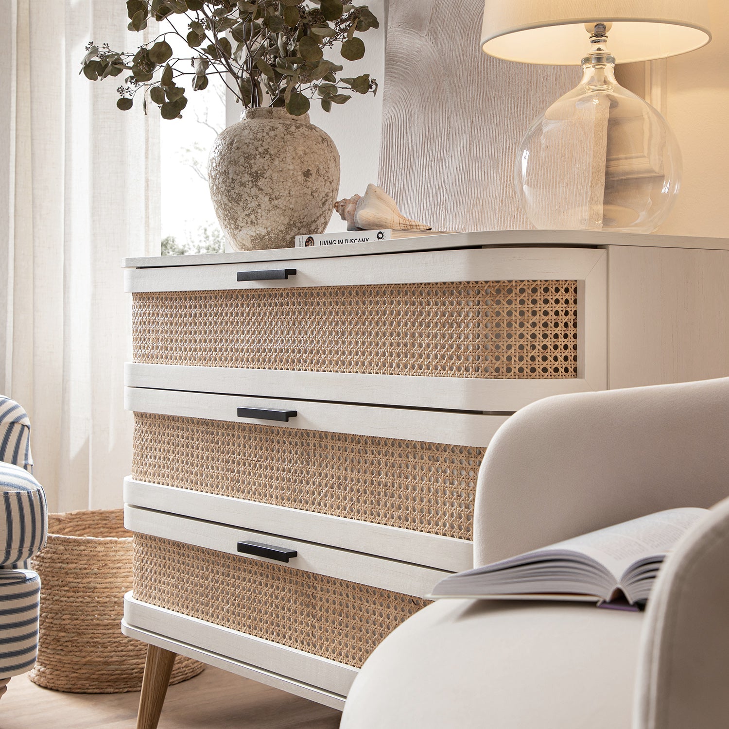 Izzy Curved Rattan 3 Drawer Dresser, White