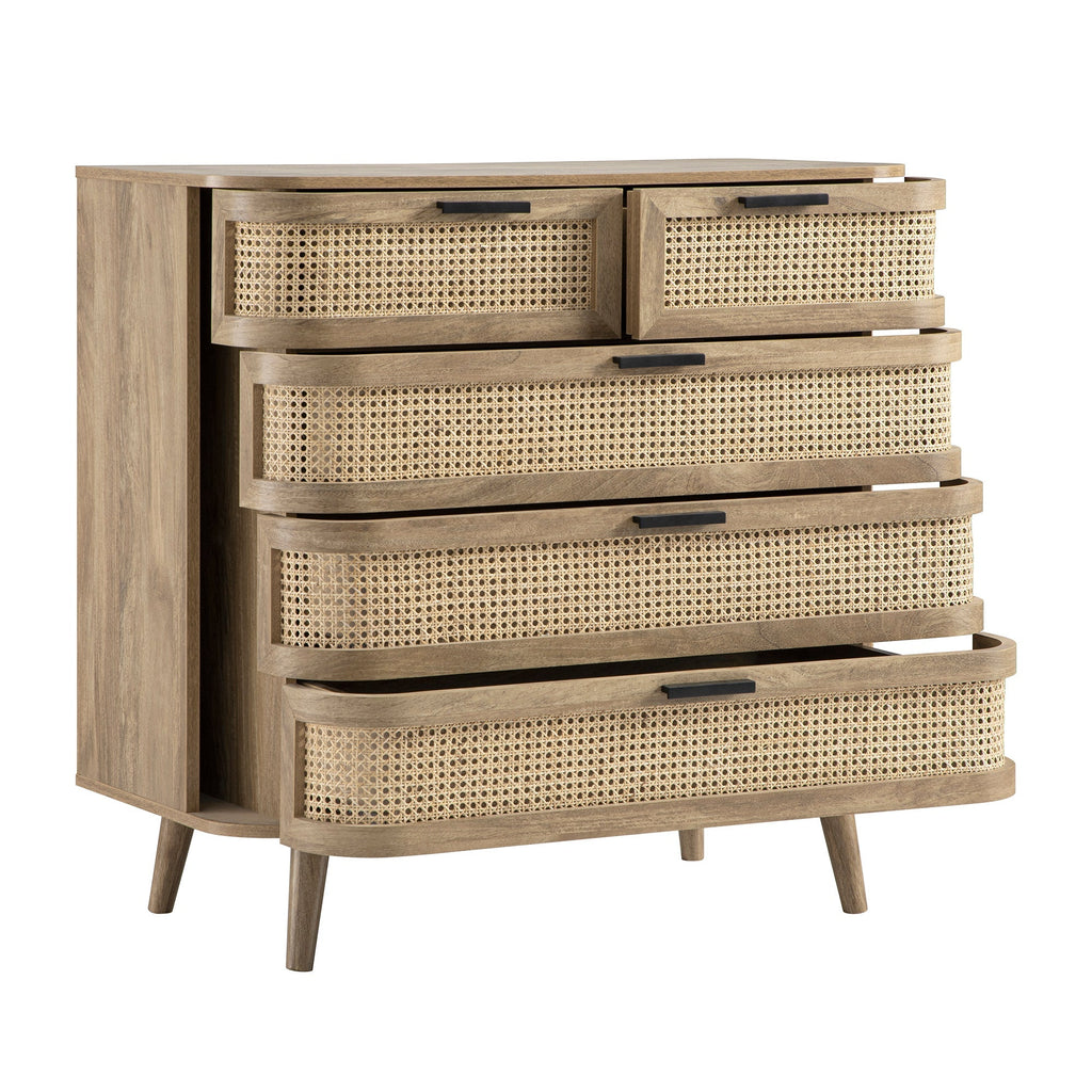 Izzy Curved Rattan 5 Drawer Dresser, Natural