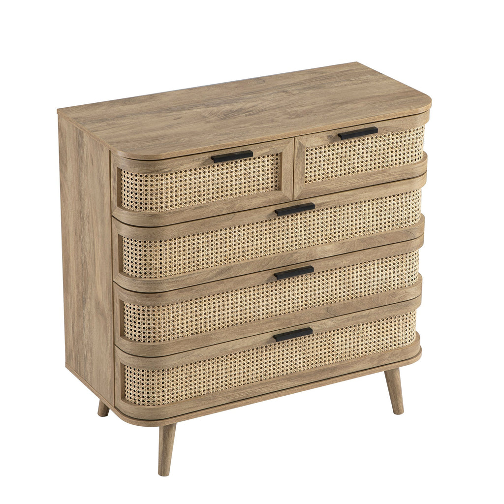 Izzy Curved Rattan 5 Drawer Dresser, Natural