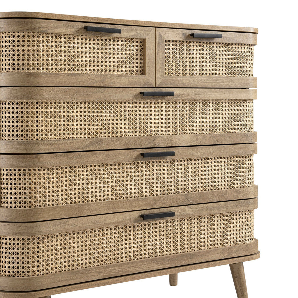Izzy Curved Rattan 5 Drawer Dresser, Natural