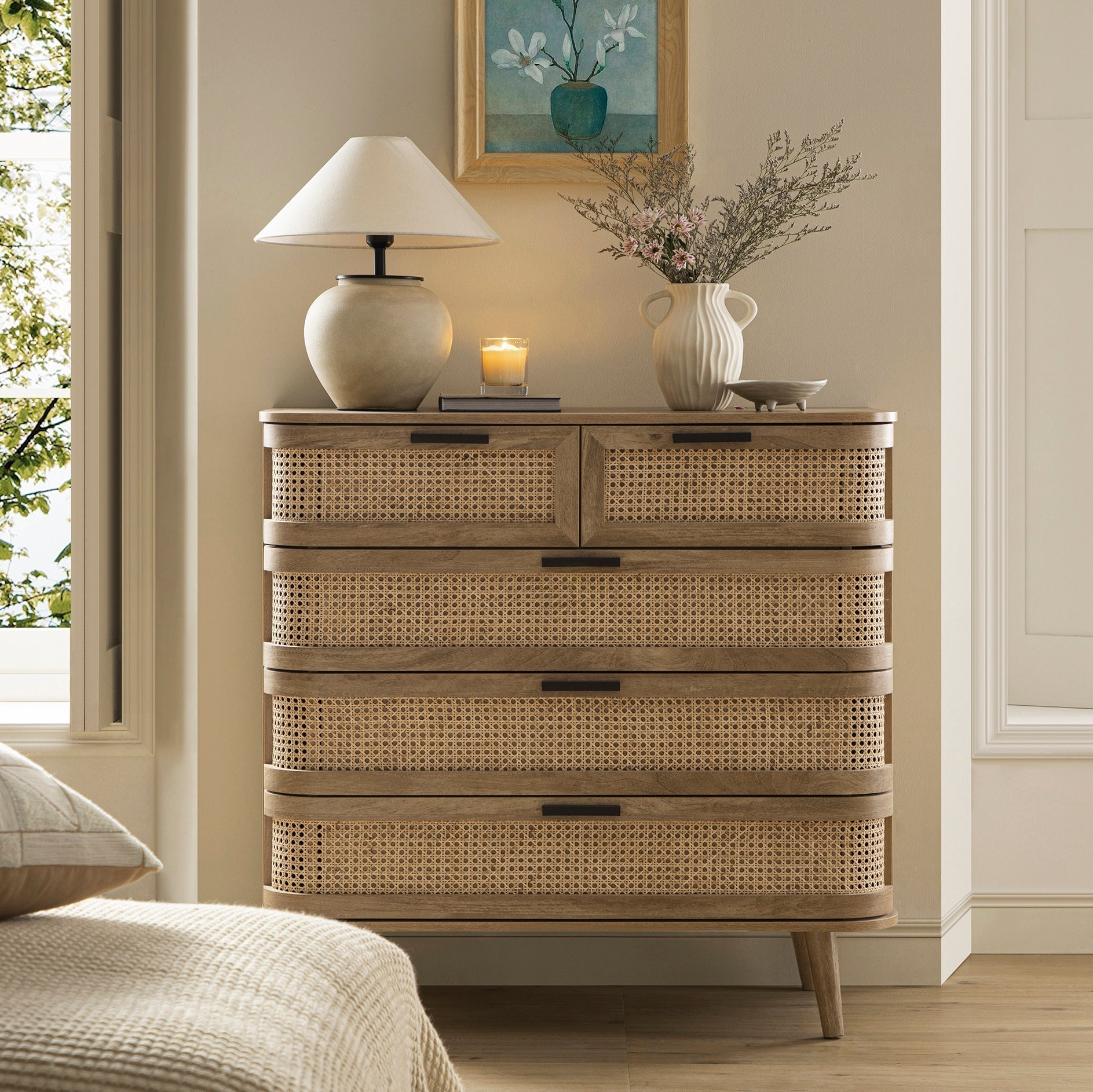 Izzy Curved Rattan 5 Drawer Dresser, Natural