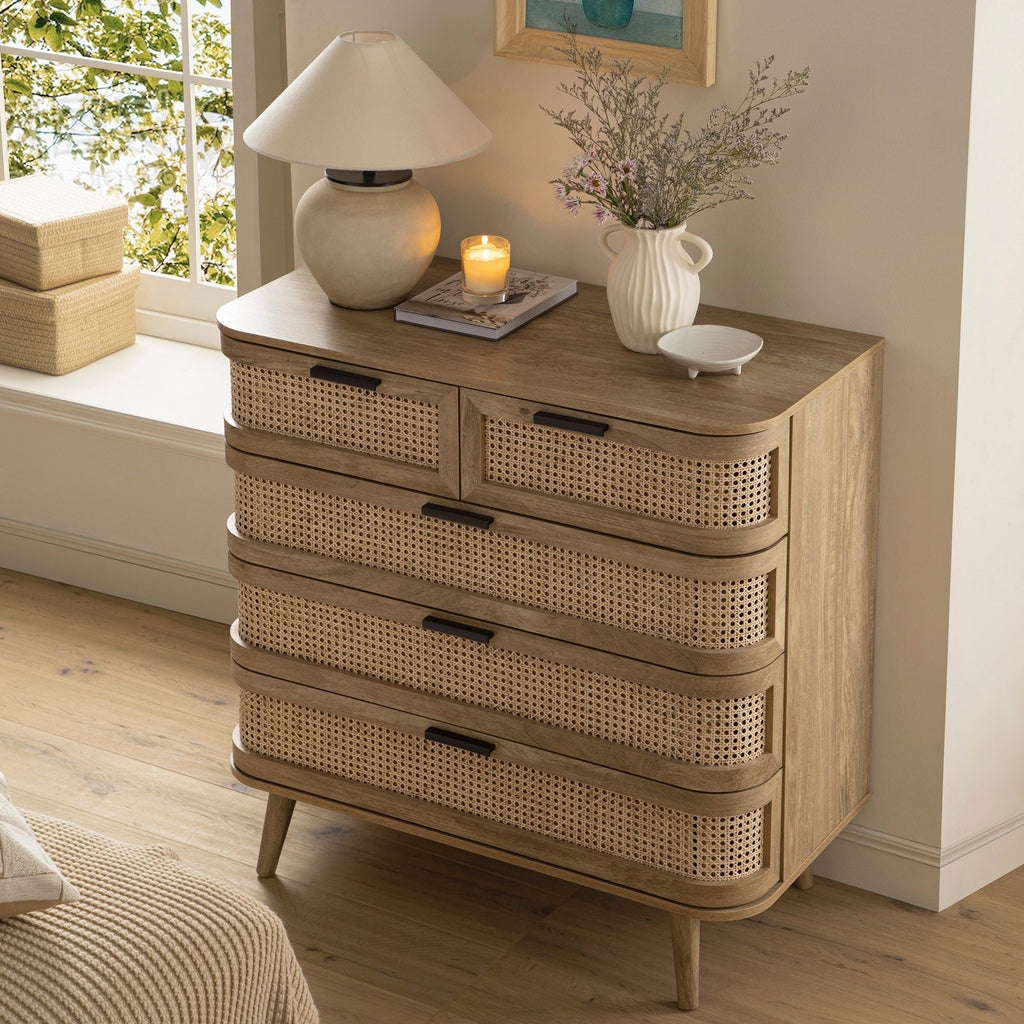 Izzy Curved Rattan 5 Drawer Dresser, Natural