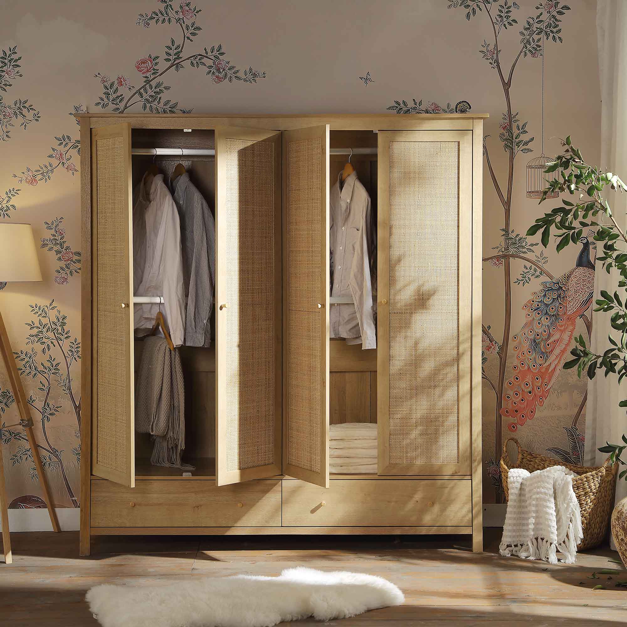 Frances Rattan 4-Door Closet with 2 Drawers, Natural