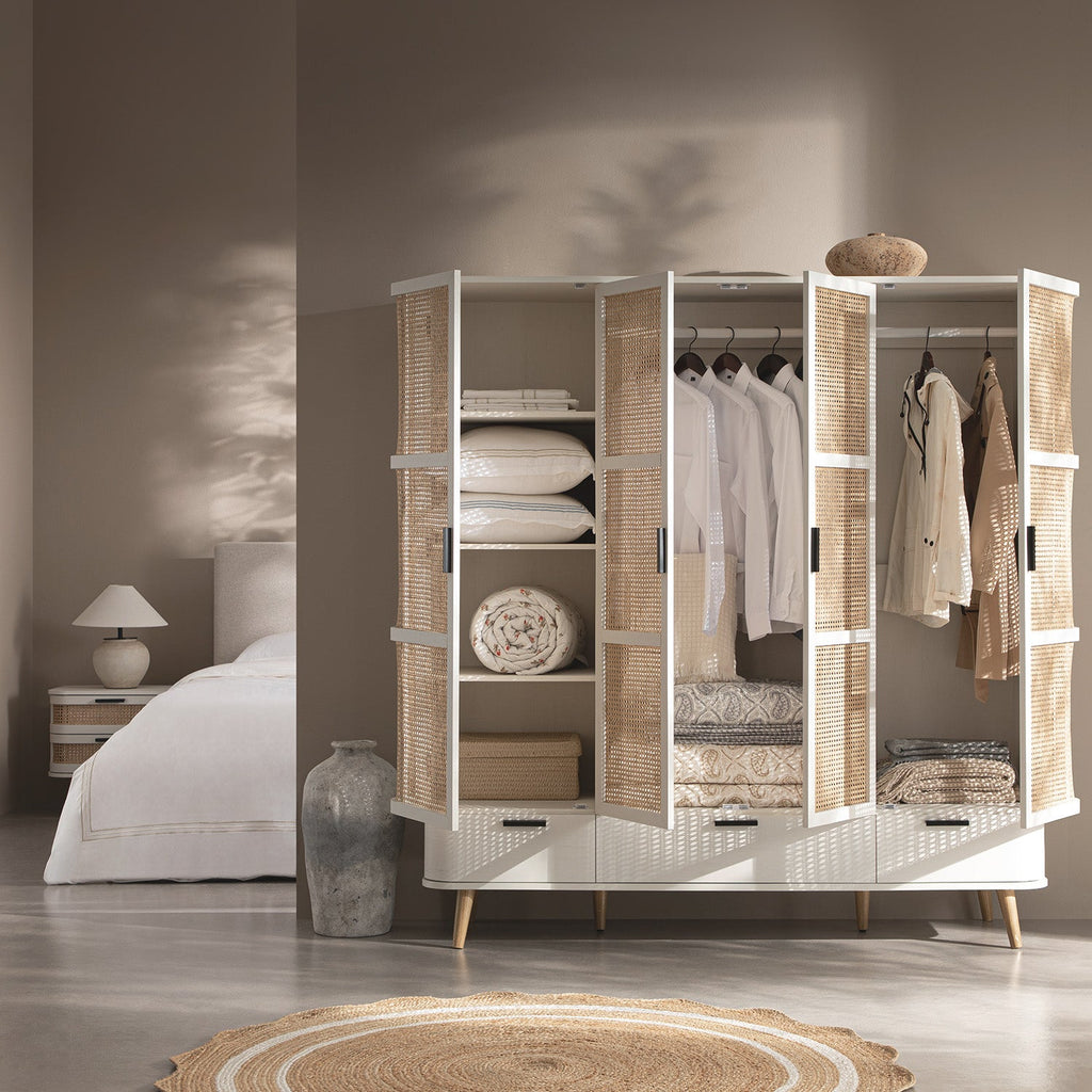 Izzy Curved Rattan 4-Door Closet, White