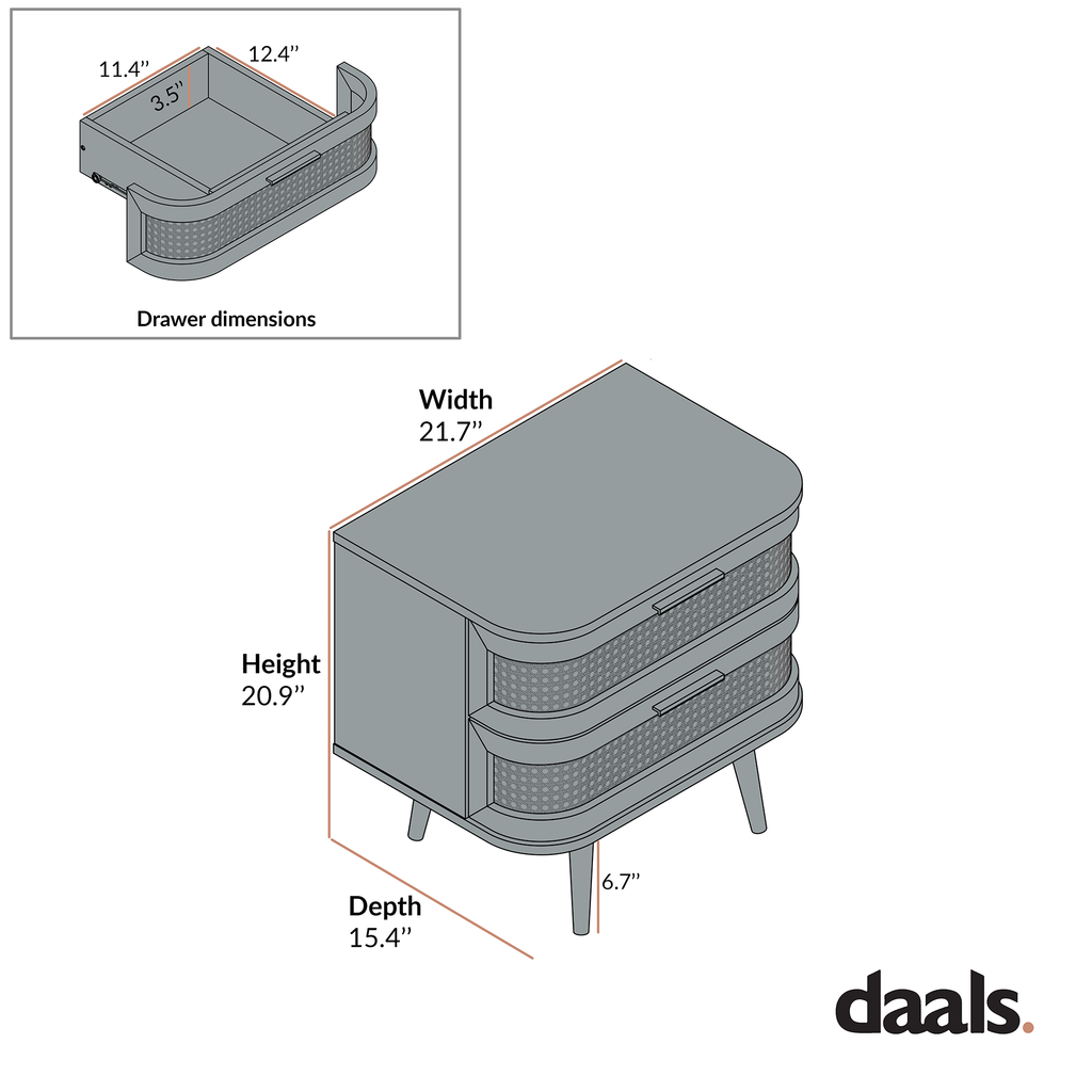 Izzy Curved Rattan 2-Drawer Nightstand, Walnut