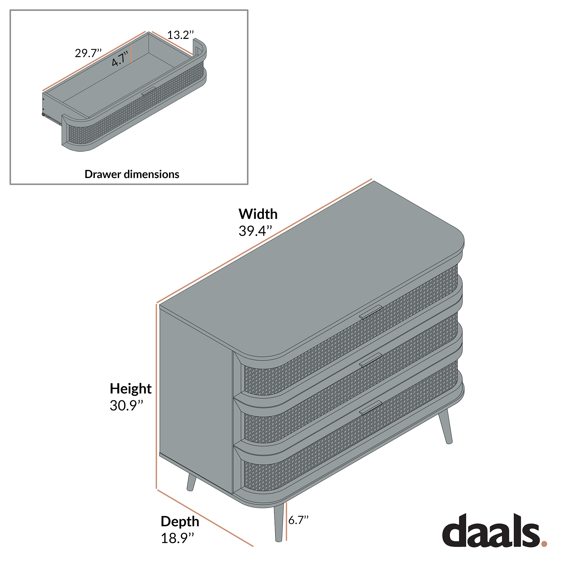 Izzy Curved Rattan 3 Drawer Dresser, Walnut