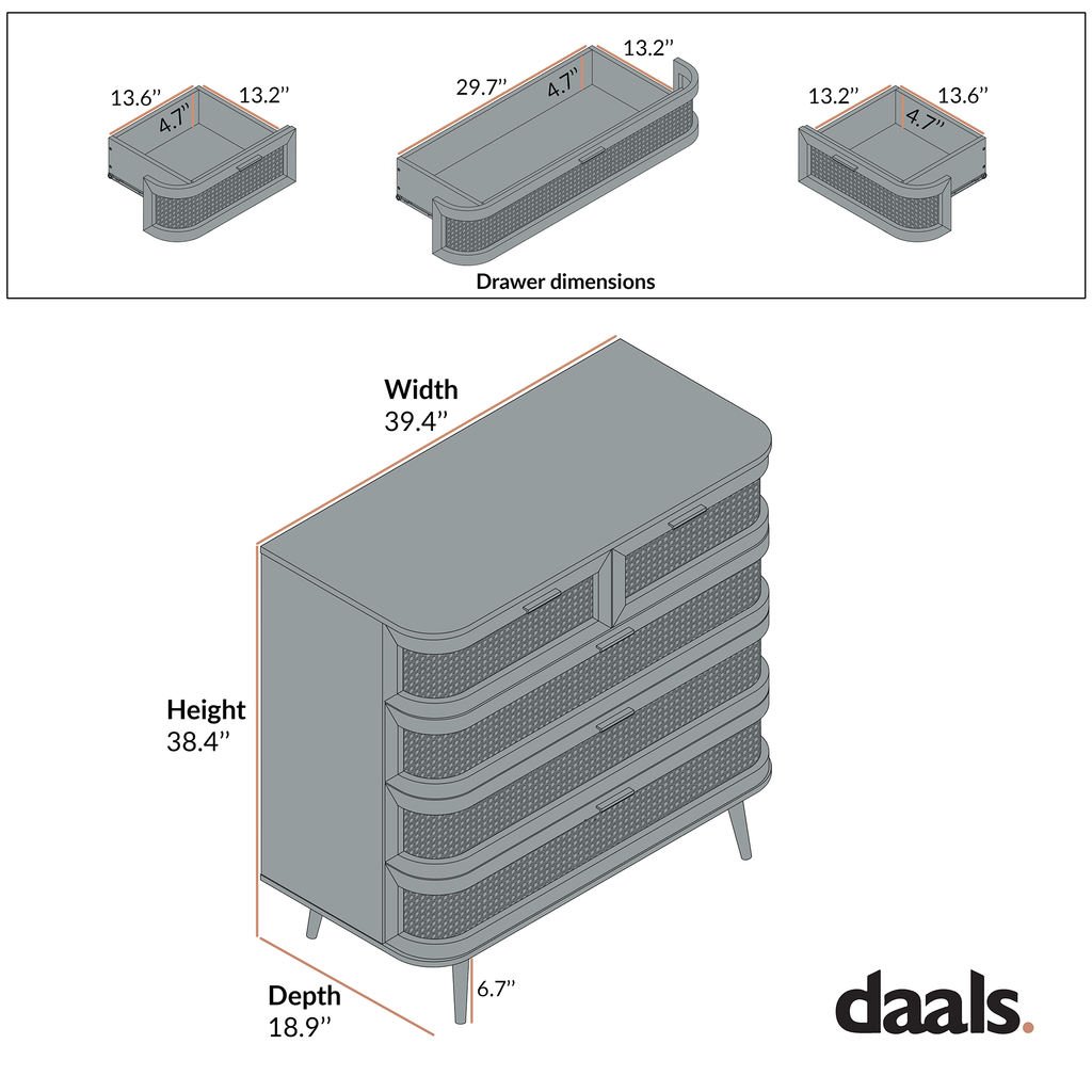 Izzy Curved Rattan 5 Drawer Dresser, Natural