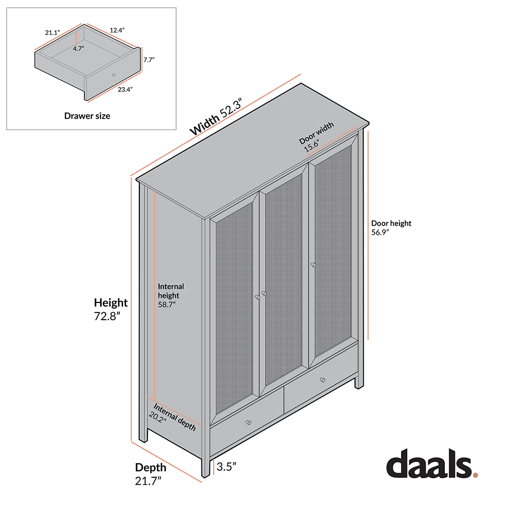 Frances Rattan Triple Closet with 2 Drawers, Black