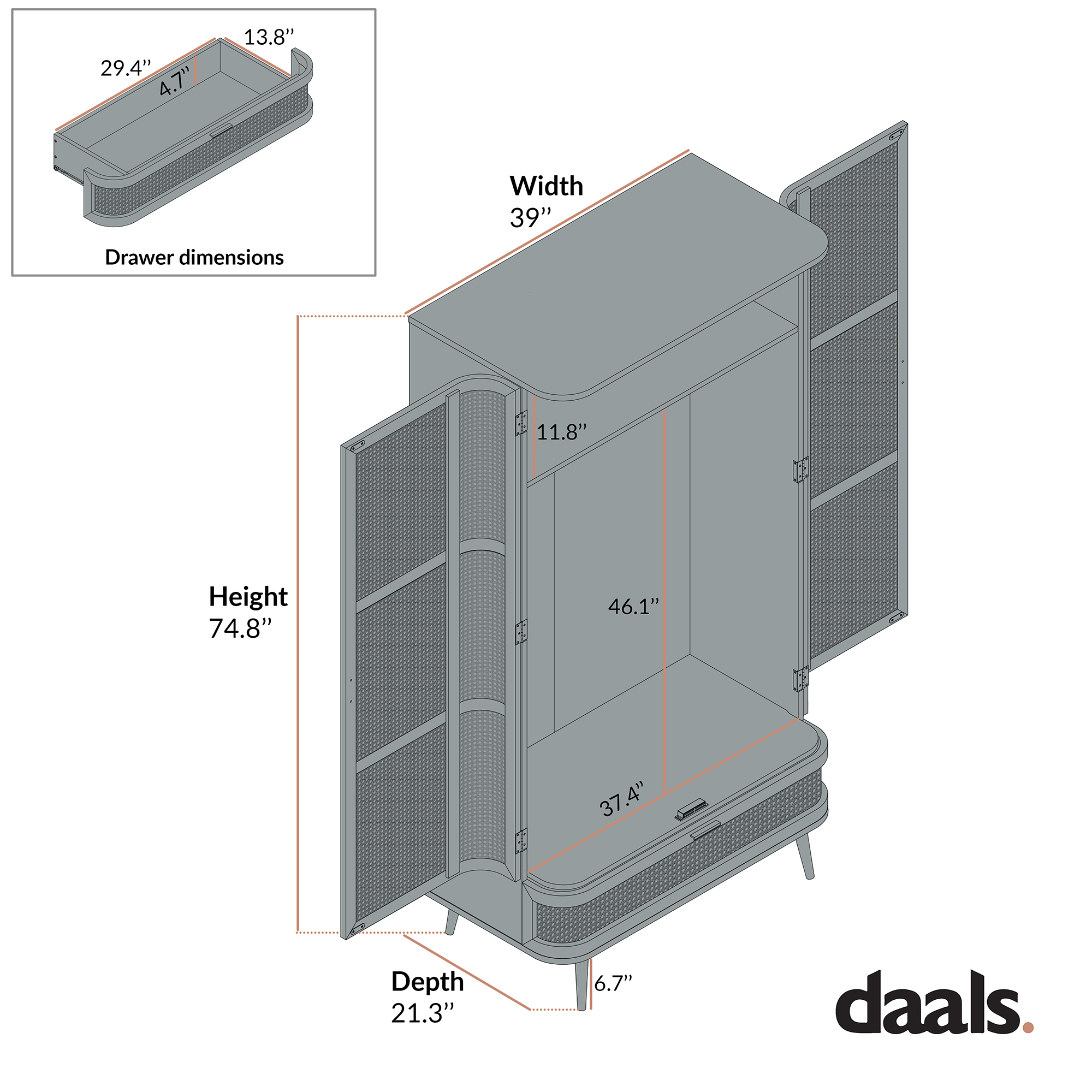 Izzy Curved Rattan Double Closet, Walnut