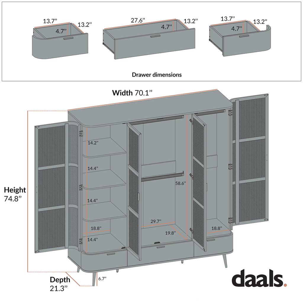 Izzy Curved Rattan 4-Door Closet, White