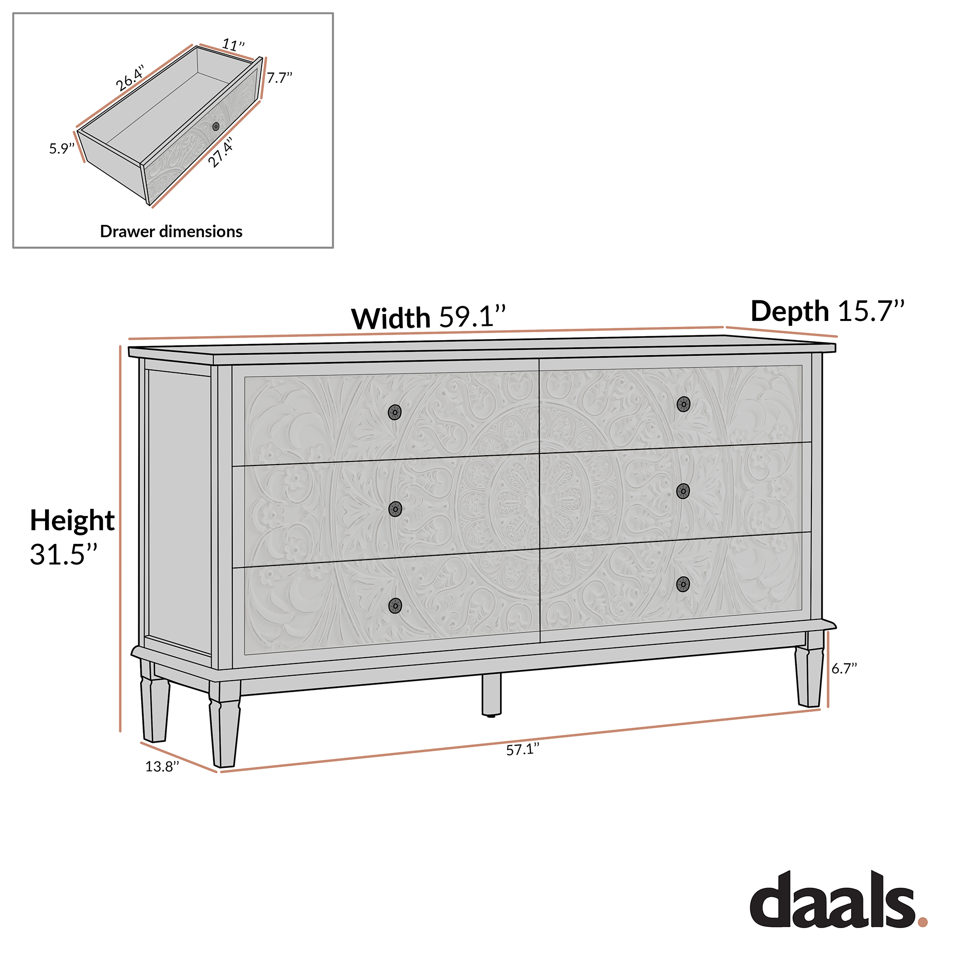 Chantilly Whitewashed Carved Wide 6 Drawer Dresser