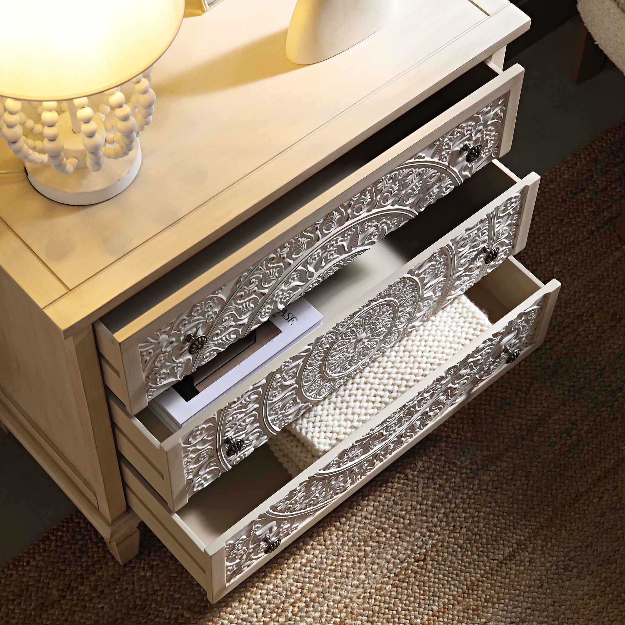 Chantilly Whitewashed Carved 3 Drawer Dresser