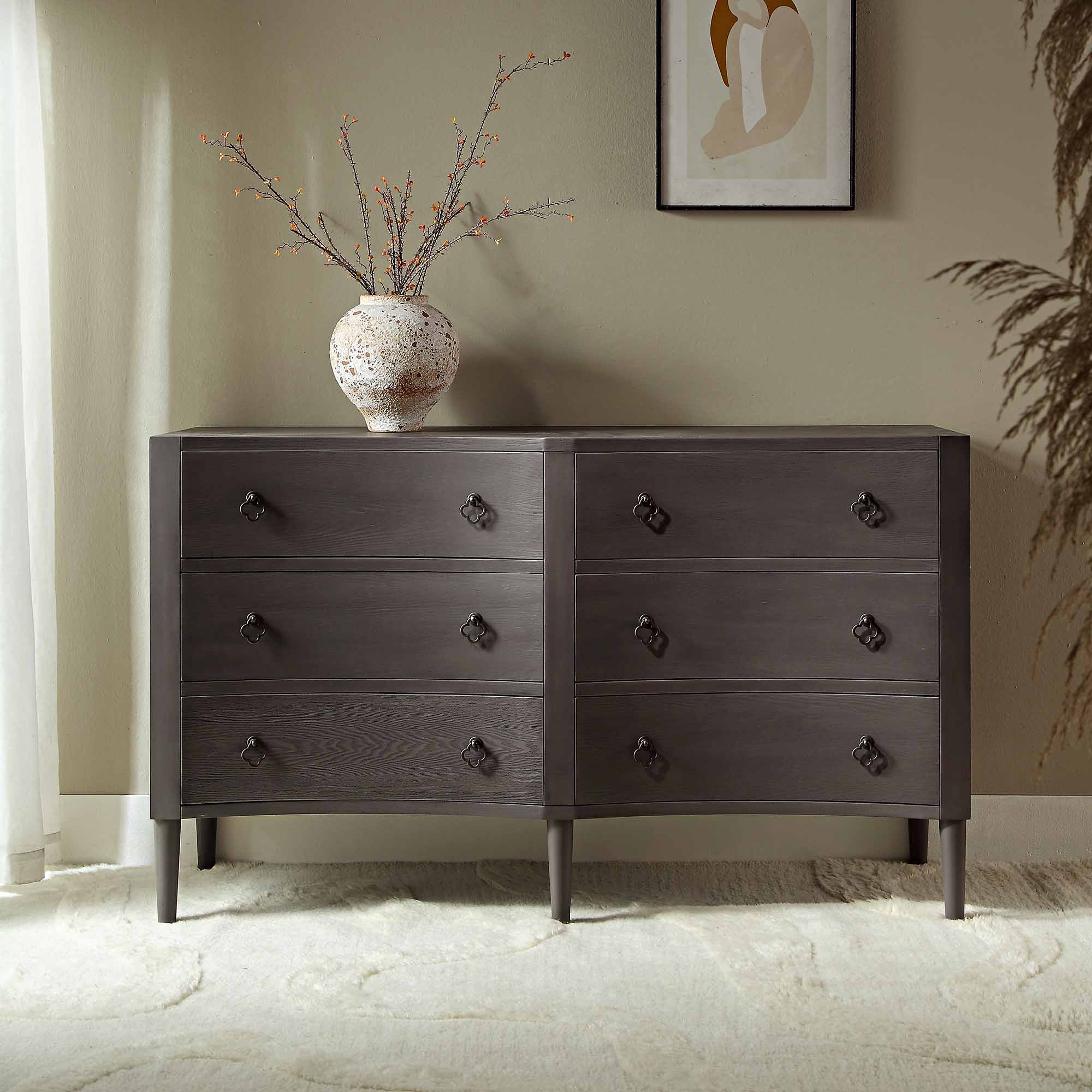 Thalia Concave Double Six Drawer Dresser, Silver Oak