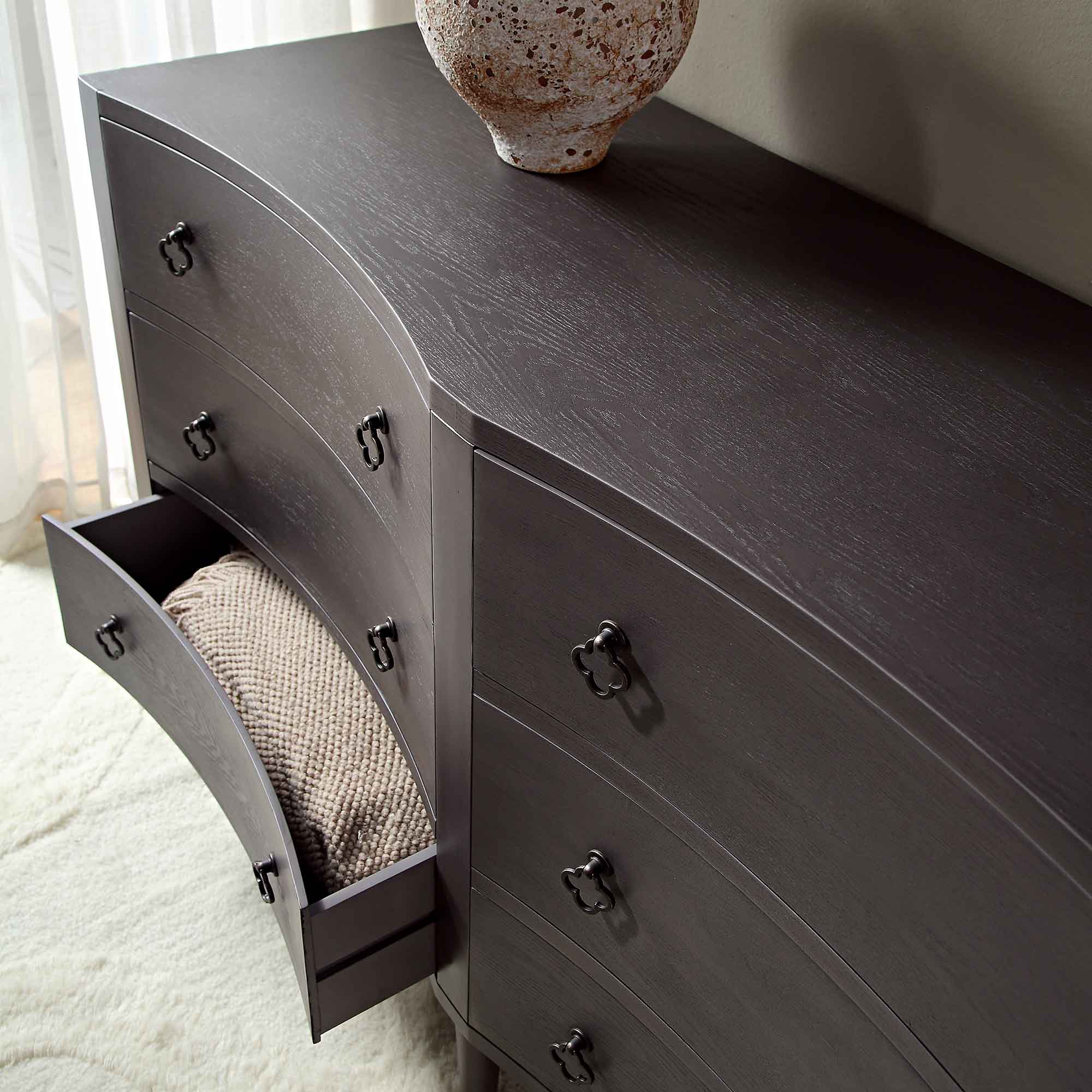 Thalia Concave Double Six Drawer Dresser, Silver Oak