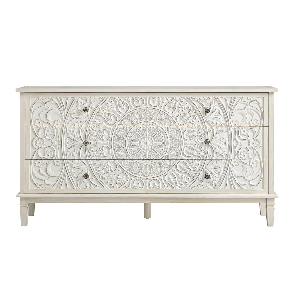 Chantilly Whitewashed Carved Wide 6 Drawer Dresser