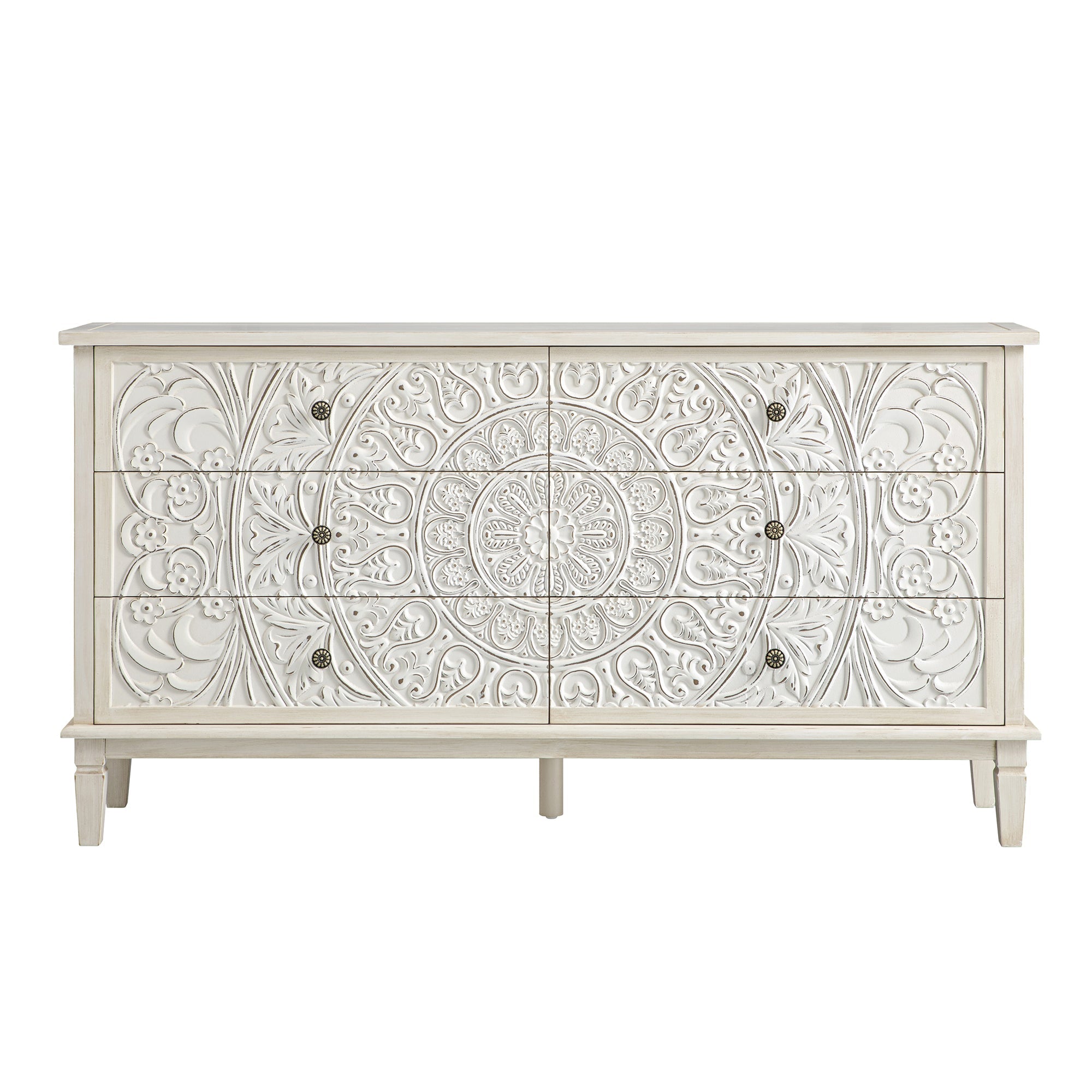 Chantilly Whitewashed Carved Wide 6 Drawer Dresser