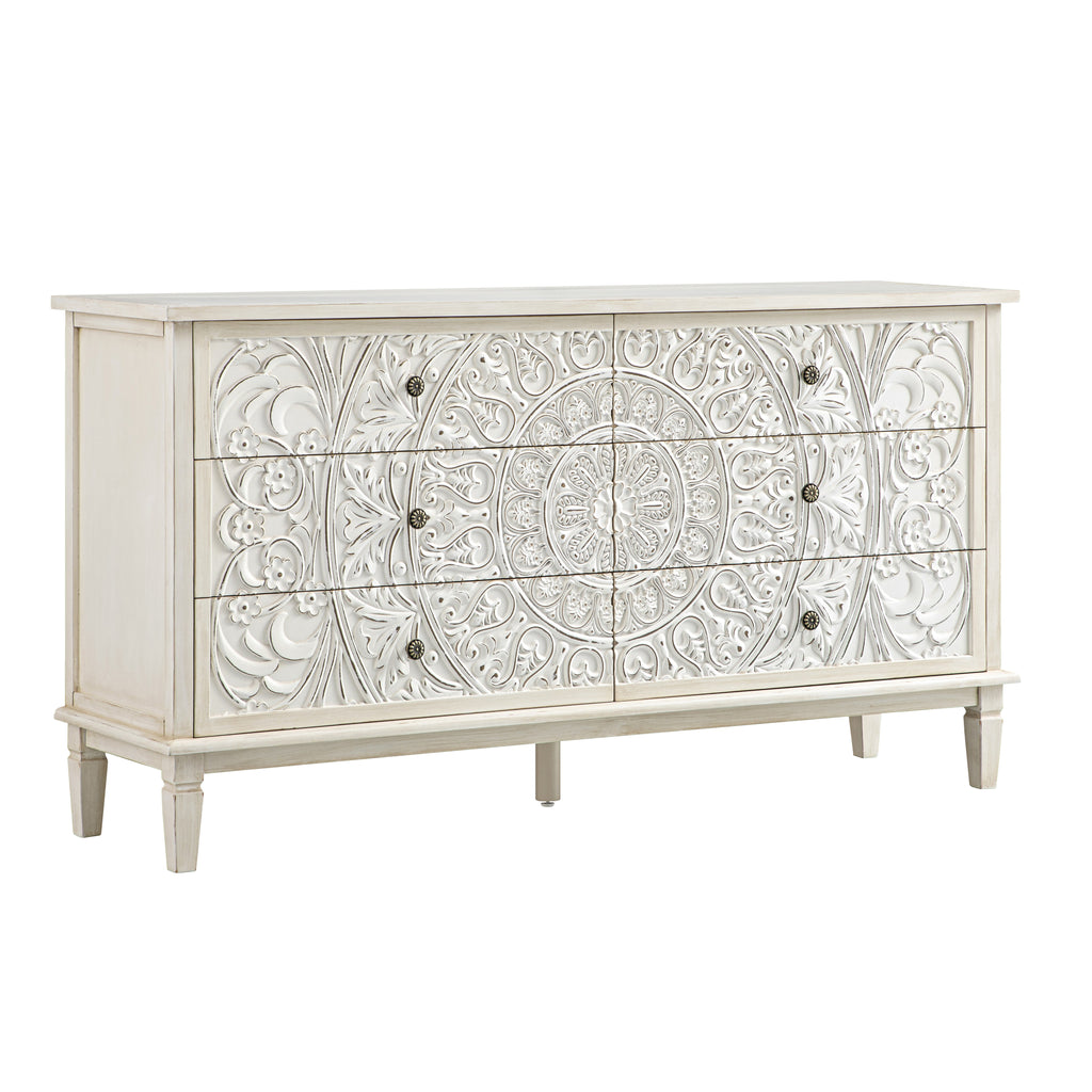 Chantilly Whitewashed Carved Wide 6 Drawer Dresser