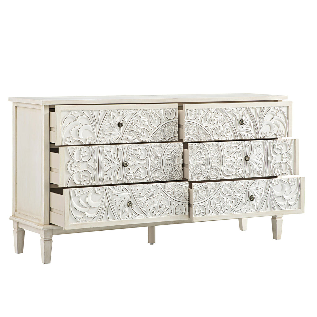 Chantilly Whitewashed Carved Wide 6 Drawer Dresser