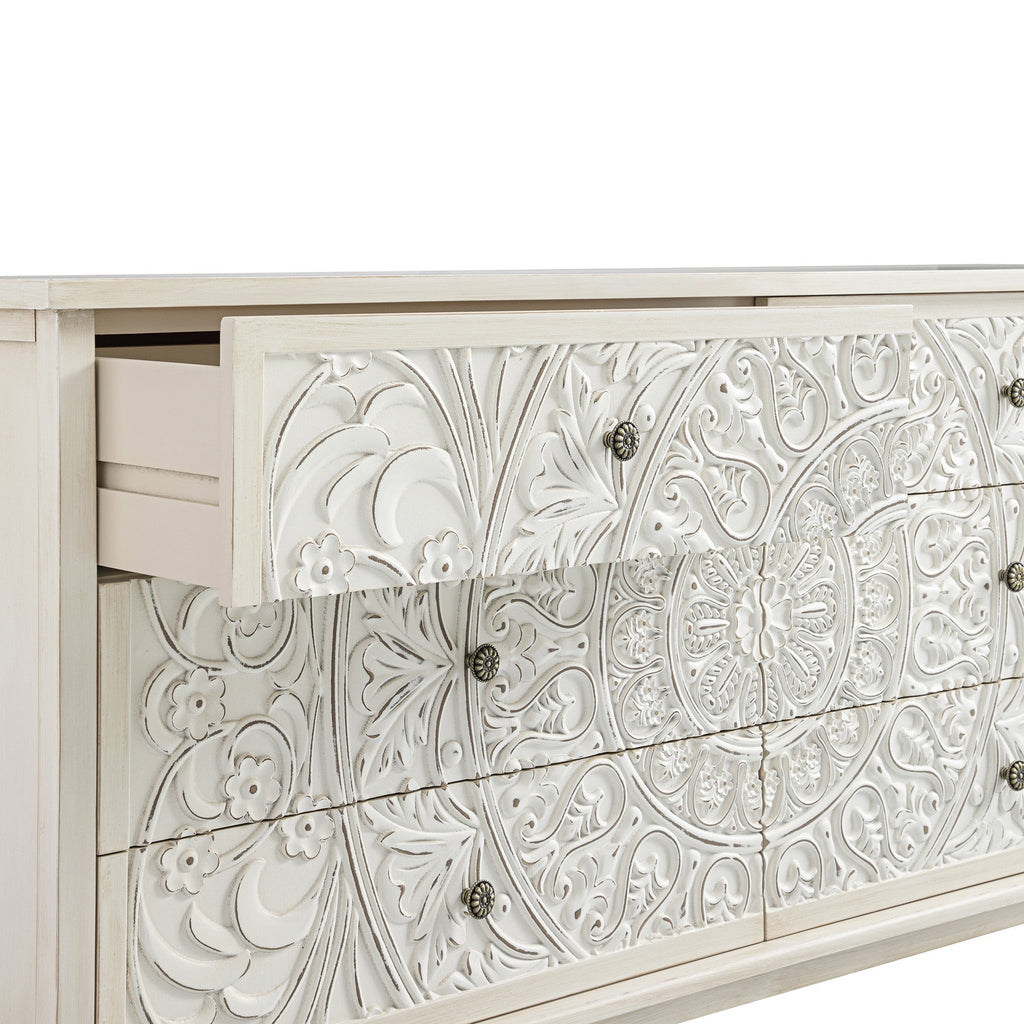 Chantilly Whitewashed Carved Wide 6 Drawer Dresser