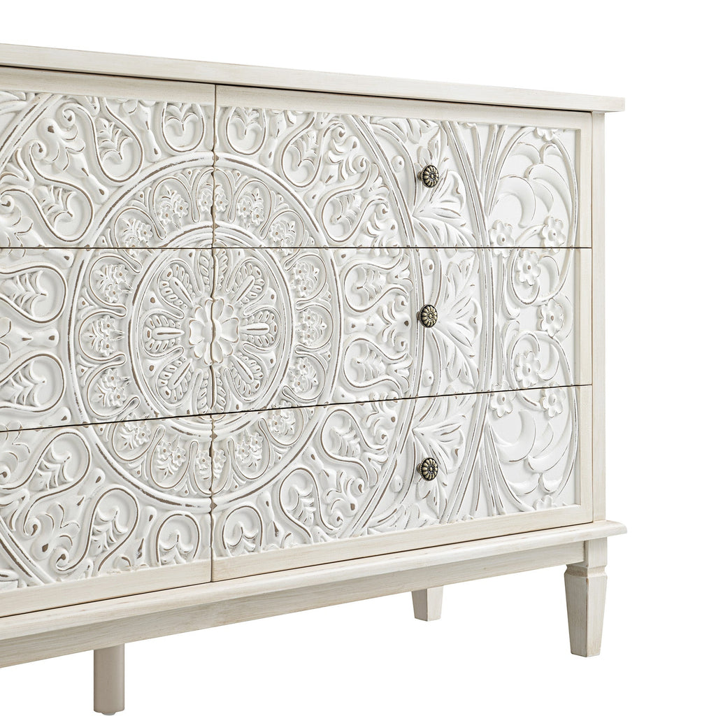 Chantilly Whitewashed Carved Wide 6 Drawer Dresser