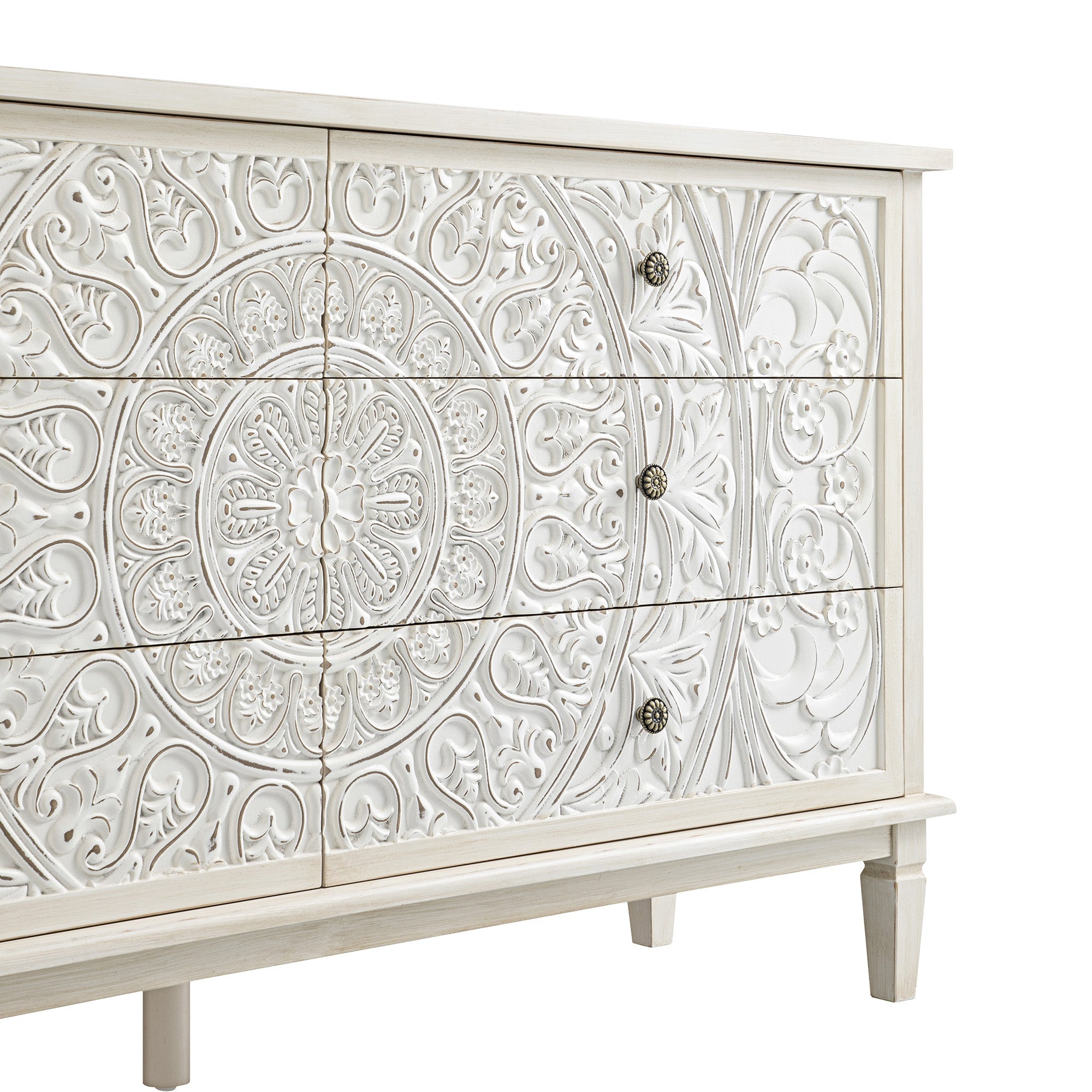 Chantilly Whitewashed Carved Wide 6 Drawer Dresser