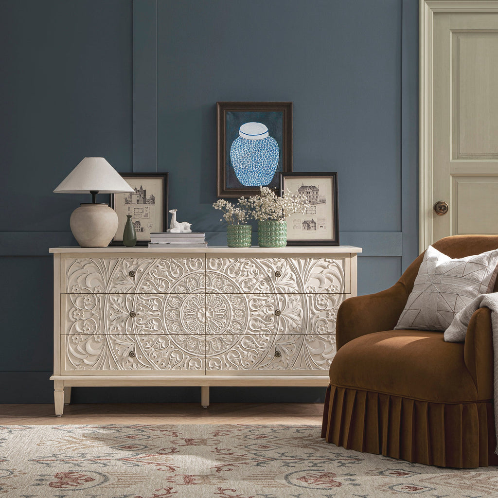 Chantilly Whitewashed Carved Wide 6 Drawer Dresser