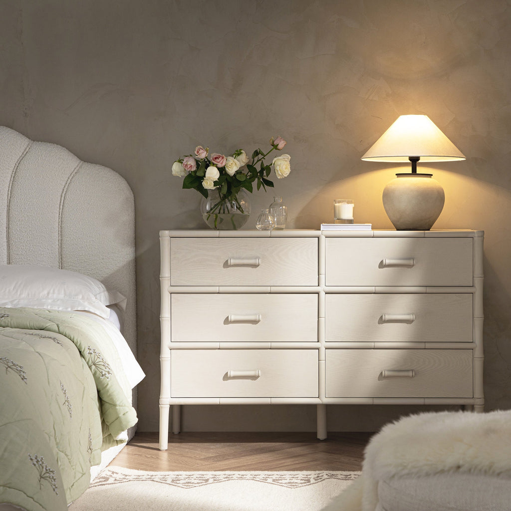 Elstowe Faux Bamboo 6-Drawer Dresser, Shaded White
