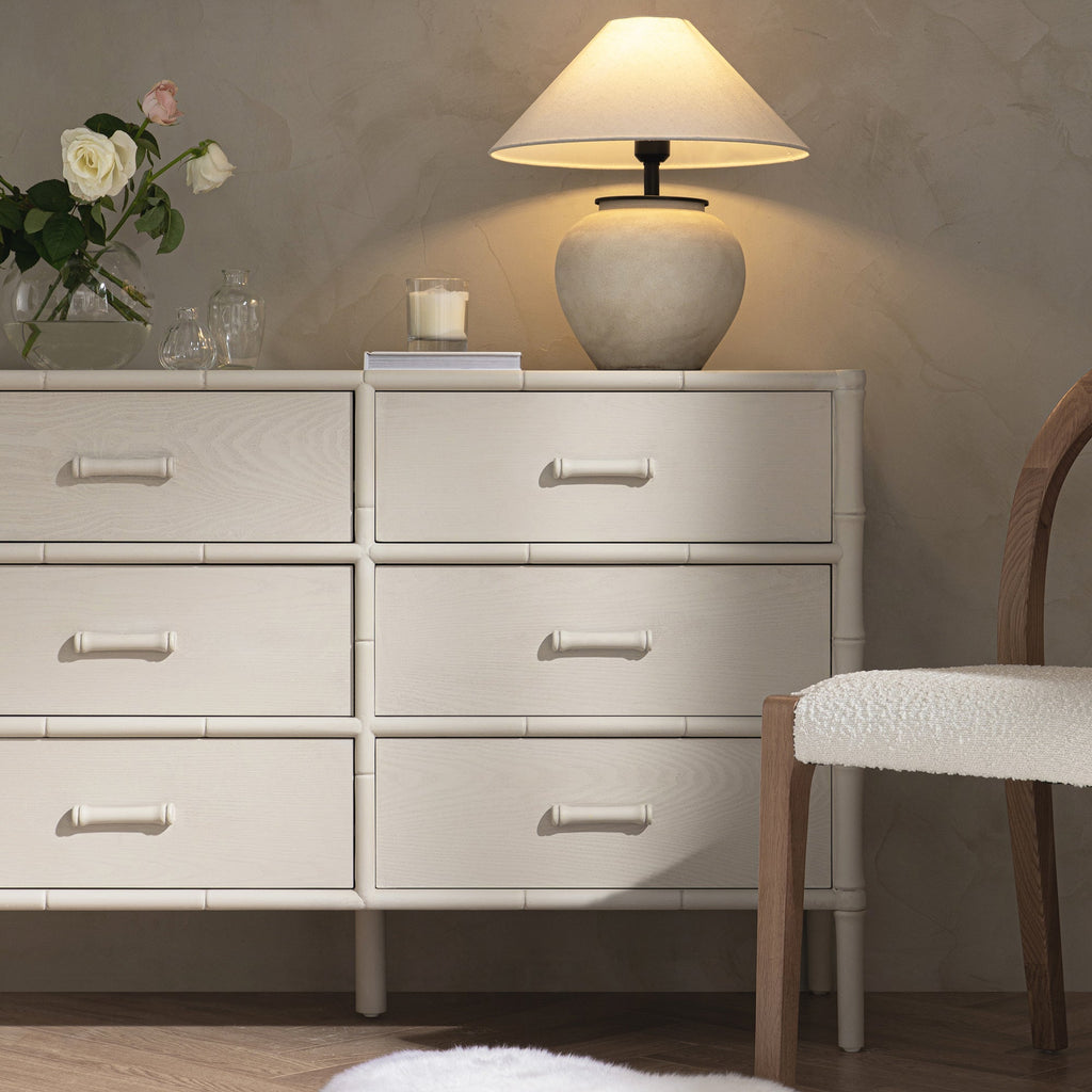 Elstowe Faux Bamboo 6-Drawer Dresser, Shaded White