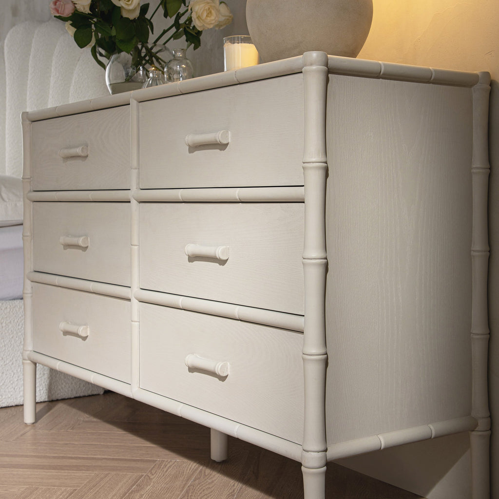 Elstowe Faux Bamboo 6-Drawer Dresser, Shaded White