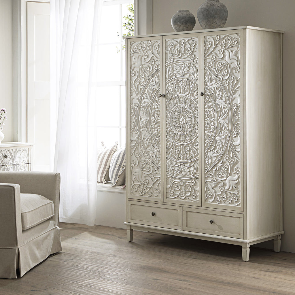 Chantilly Whitewashed Carved Triple Closet