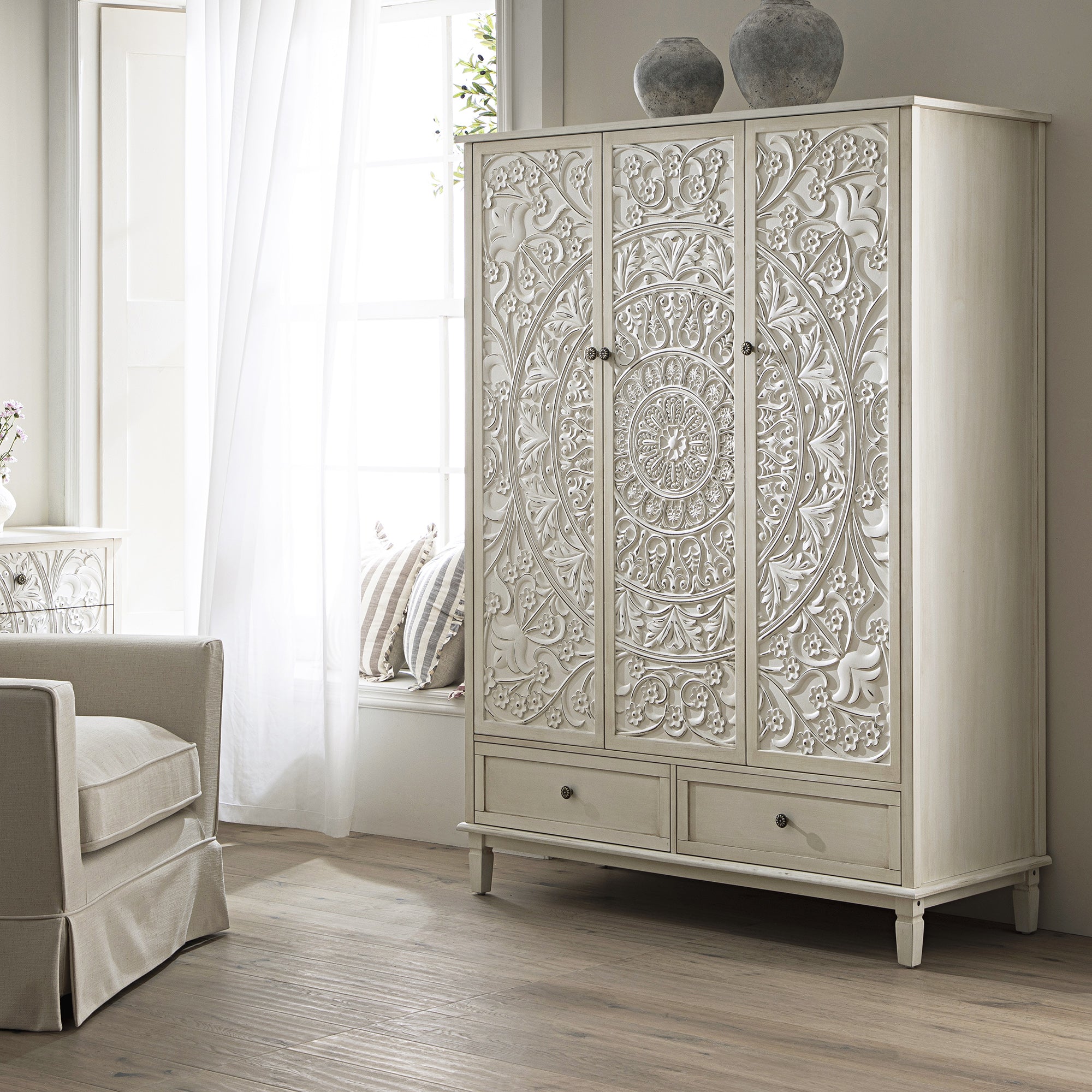 Chantilly Whitewashed Carved Triple Closet