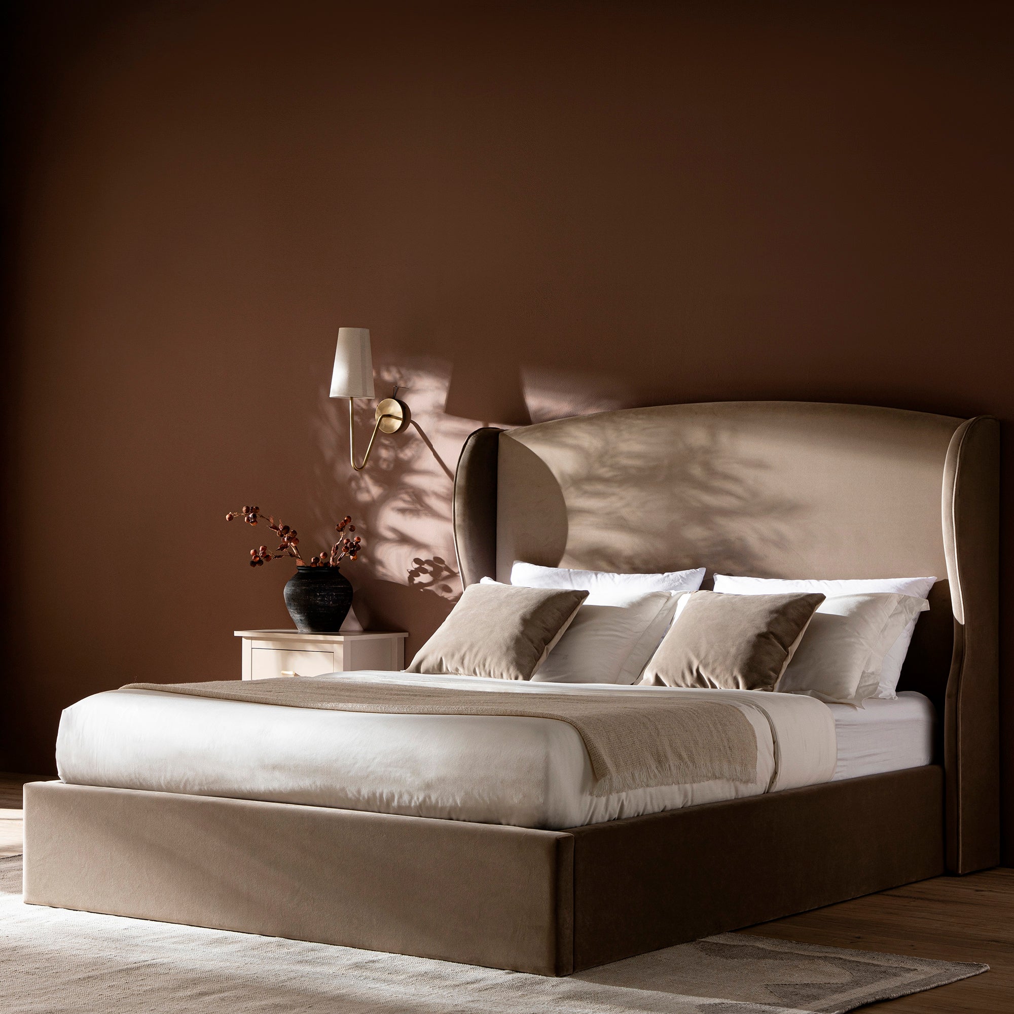Kimberly Winged Upholstered Storage Bed, Taupe Velvet