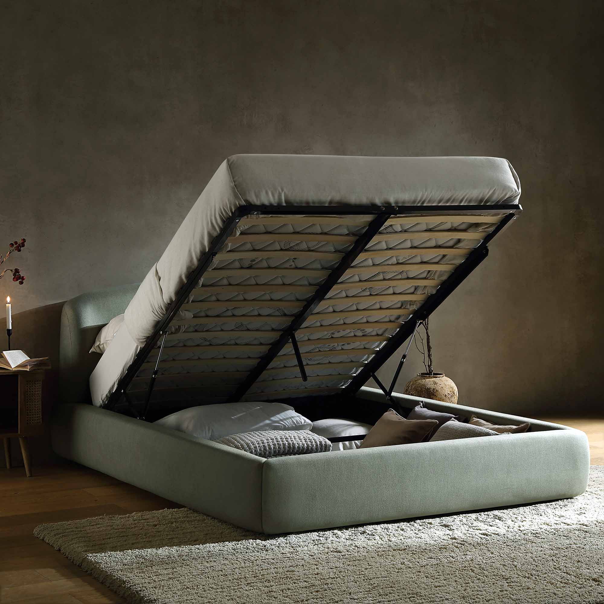 Constance Winged Headboard Ottoman Storage Bed, Olive Linen